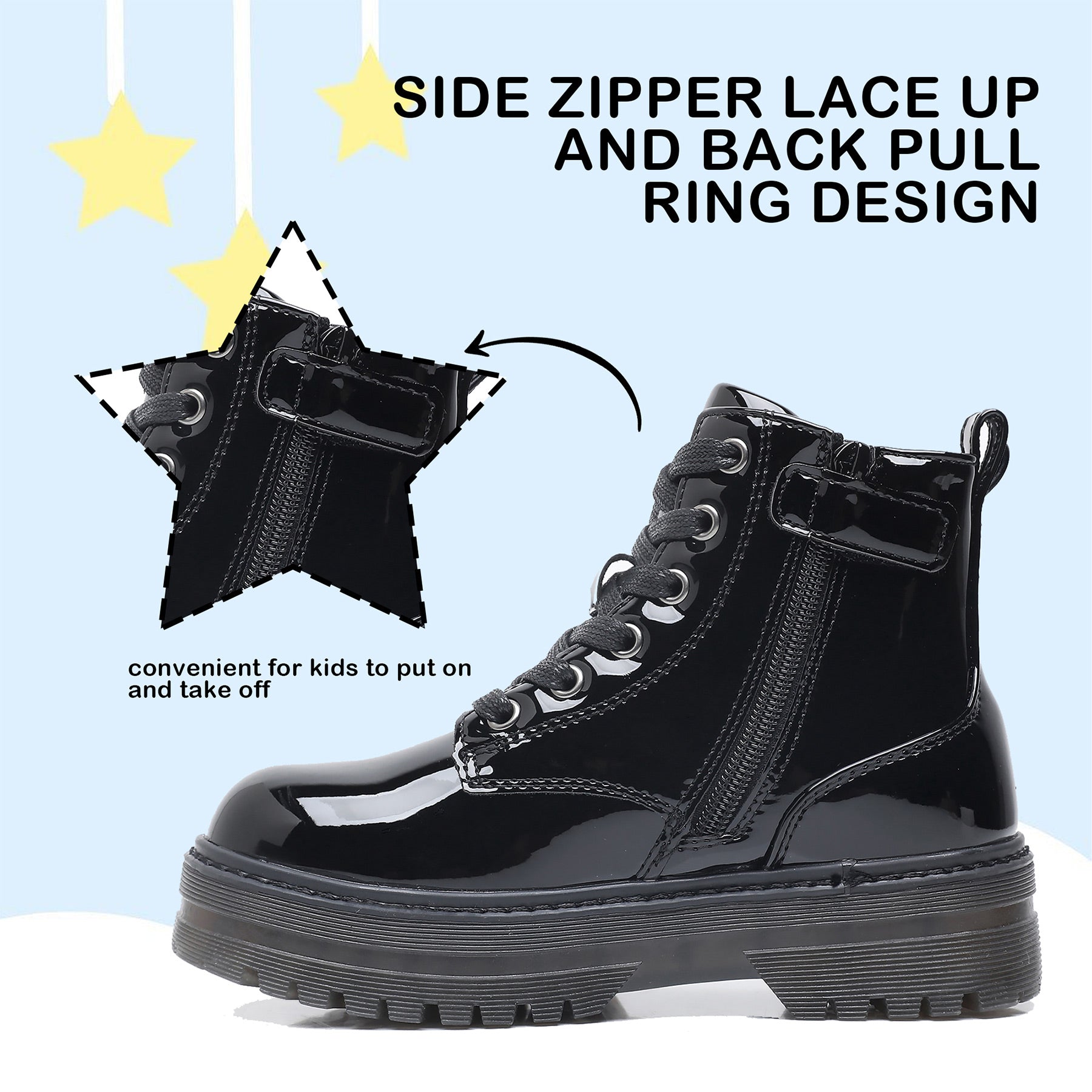 Apakowa Kids Girls Combat Ankle Boots With Side Zipper for Toddler Little/Big Kid-DY6250-PatentBlack