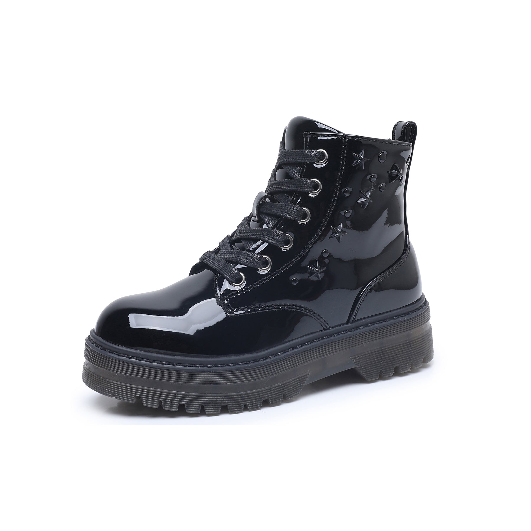 Apakowa Kids Girls Combat Ankle Boots With Side Zipper for Toddler Little/Big Kid-DY6250-PatentBlack