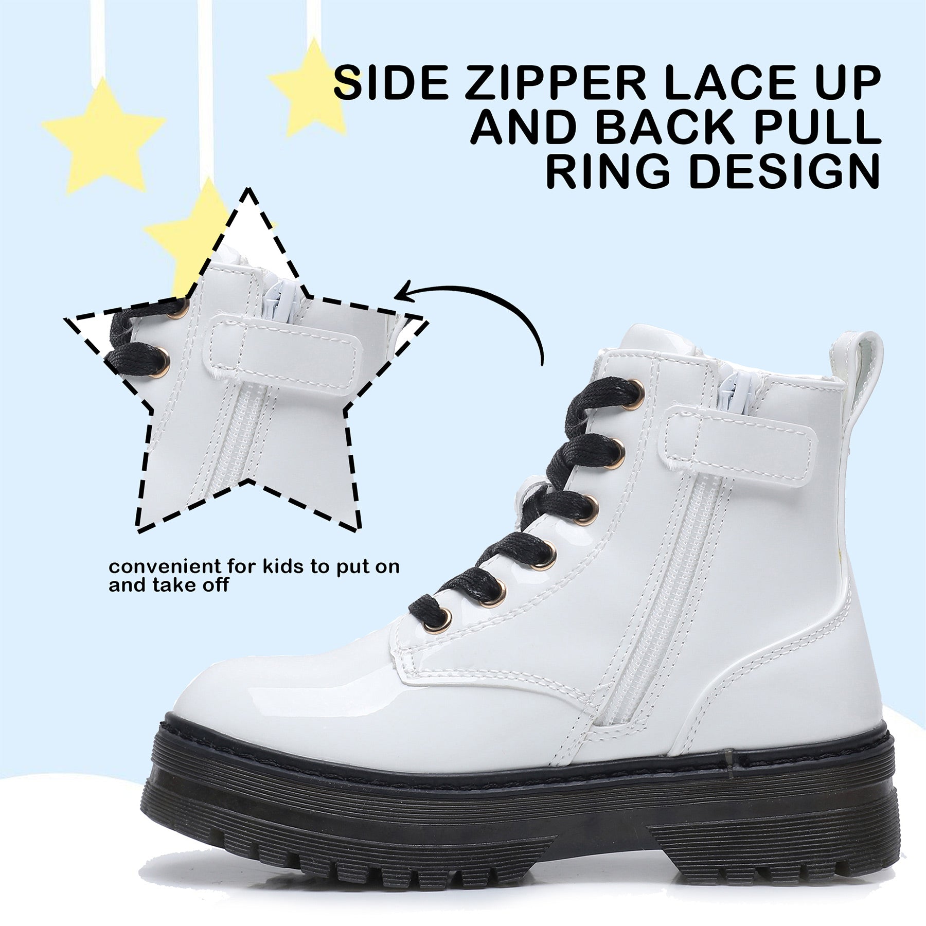 Apakowa Kids Girls Combat Ankle Boots With Side Zipper for Toddler Little/Big Kid-DY6250-PatentWhite