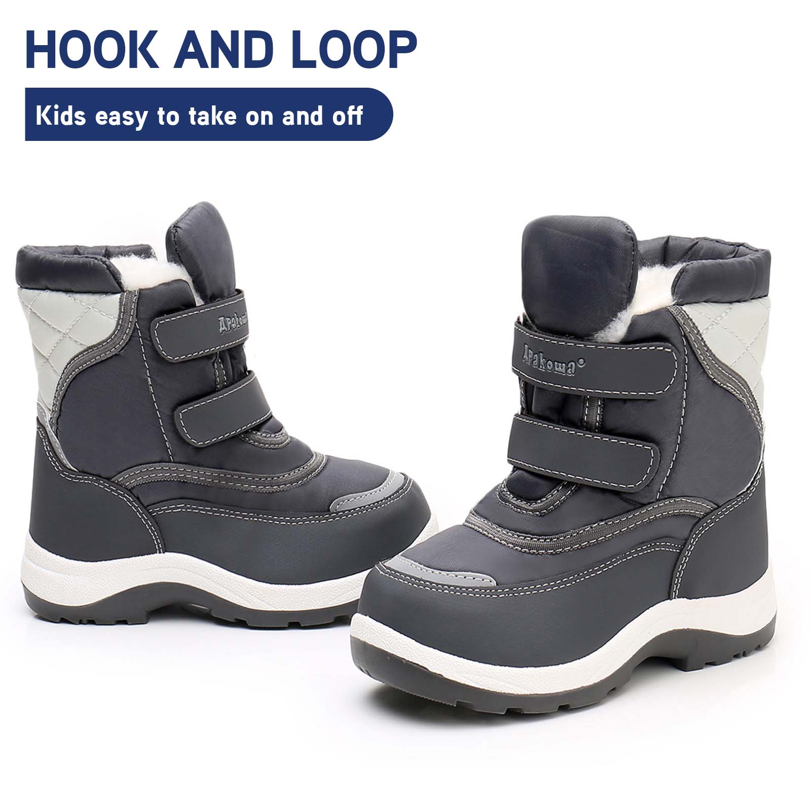 Apakowa Boys Water-resistant Snow Bootswith Hook & Loop for Toddler/Little Kid-H3305-Gray