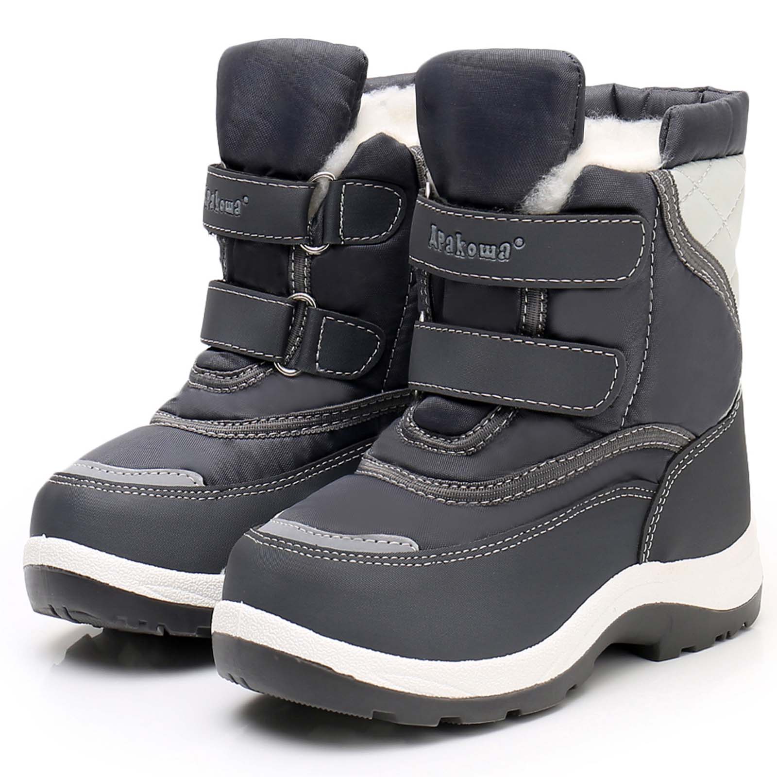 Apakowa Boys Water-resistant Snow Bootswith Hook & Loop for Toddler/Little Kid-H3305-Gray