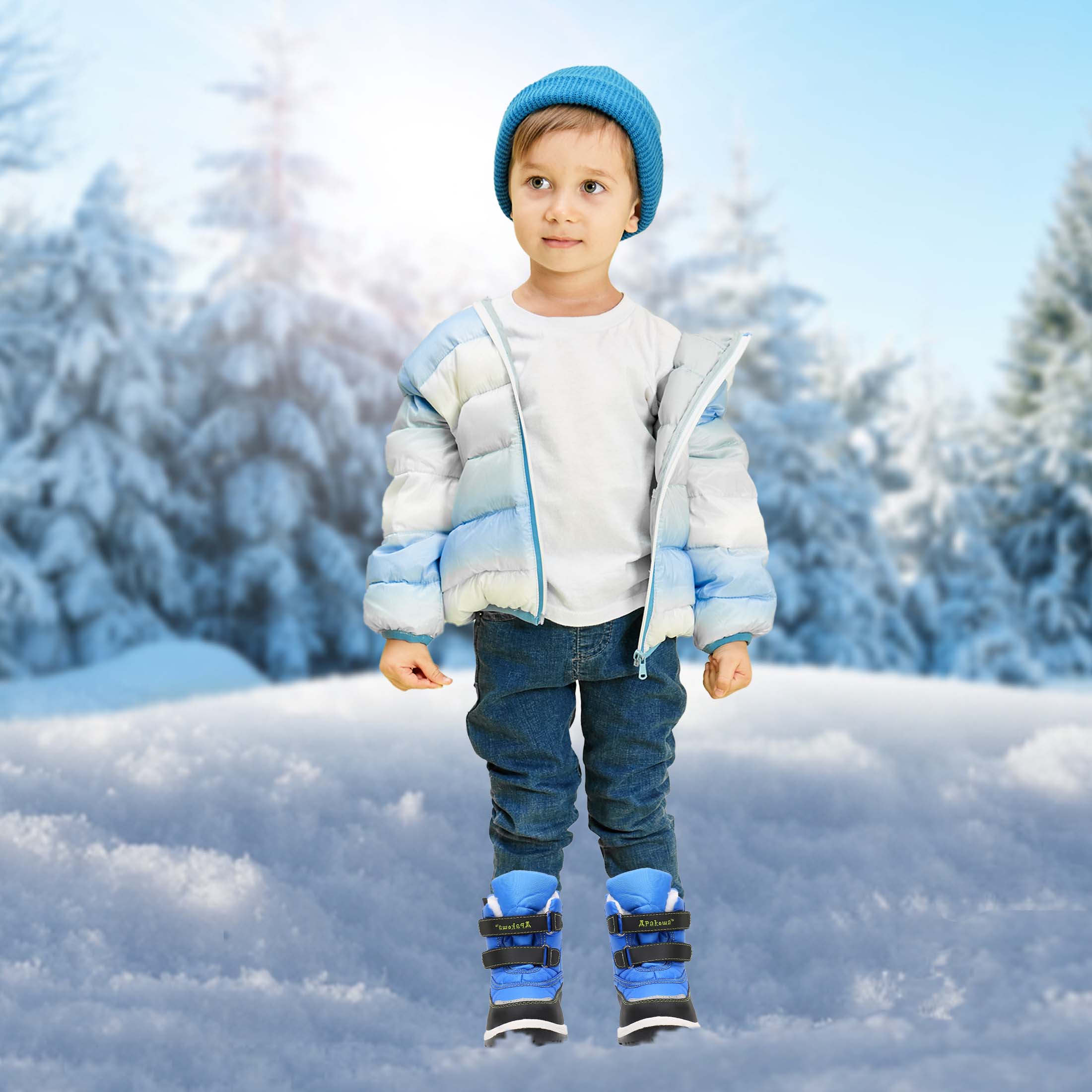 Apakowa Boys Water-resistant Snow Bootswith Hook & Loop for Toddler/Little Kid-H3305-Rblue