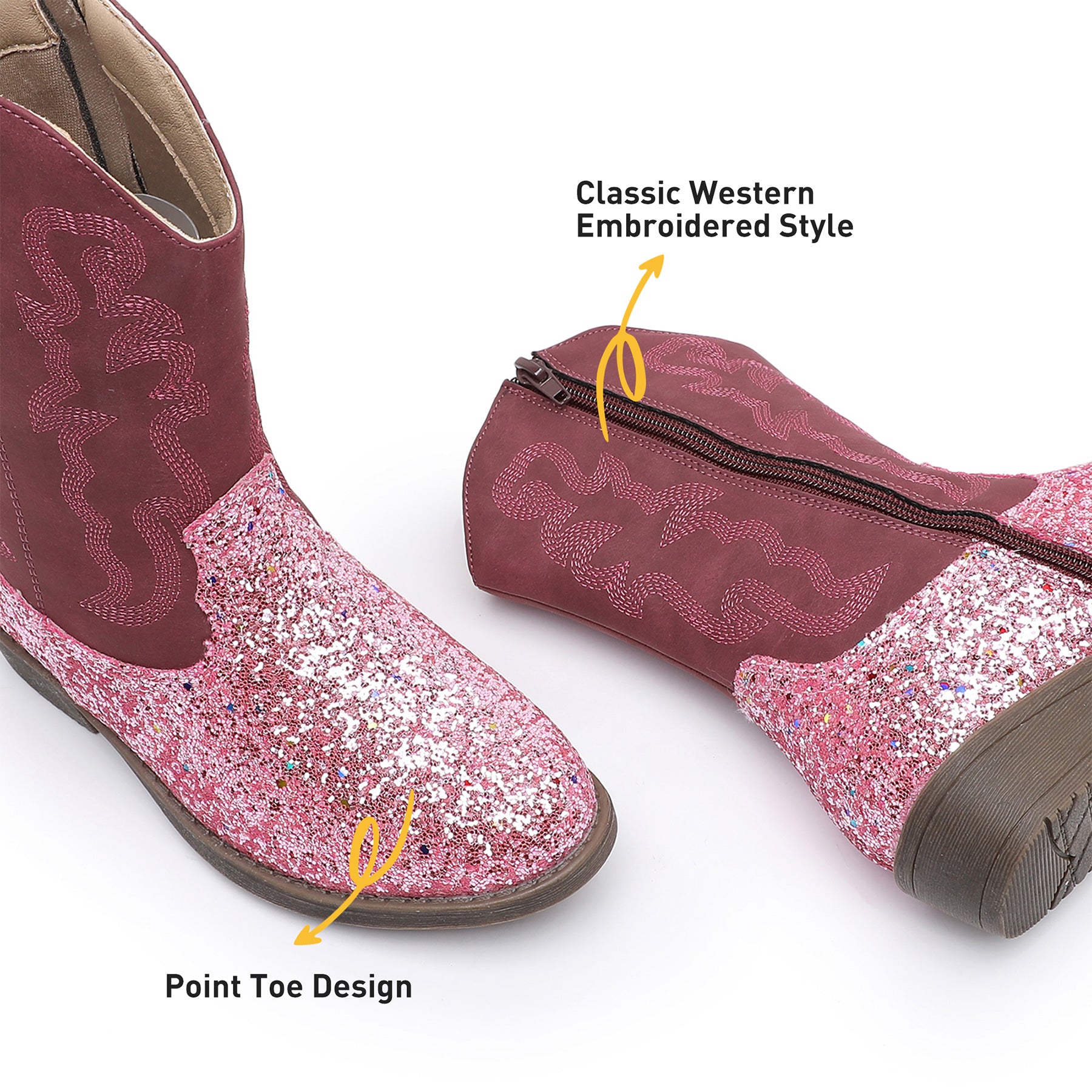 Apakowa Kids Girls Cowboy Boots Side Zipper Embroidered Western Style for Toddler Little/Big Kid-RF778-GlitterPink