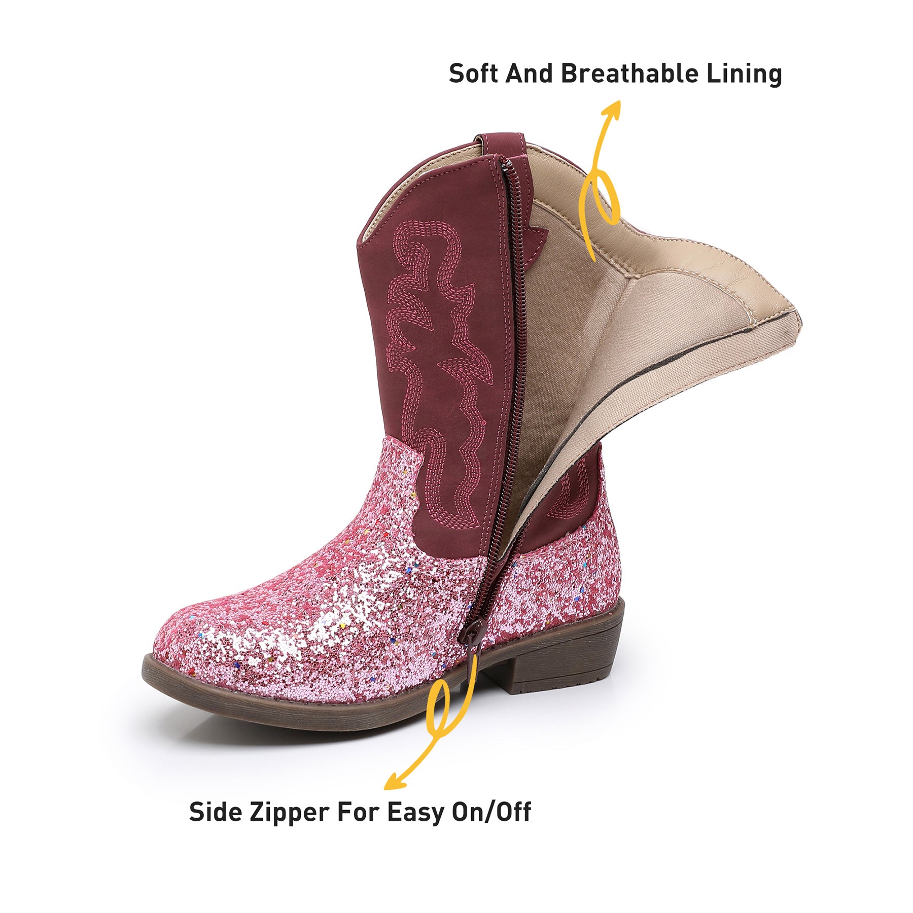 Apakowa Kids Girls Cowboy Boots Side Zipper Embroidered Western Style for Toddler Little/Big Kid-RF778-GlitterPink