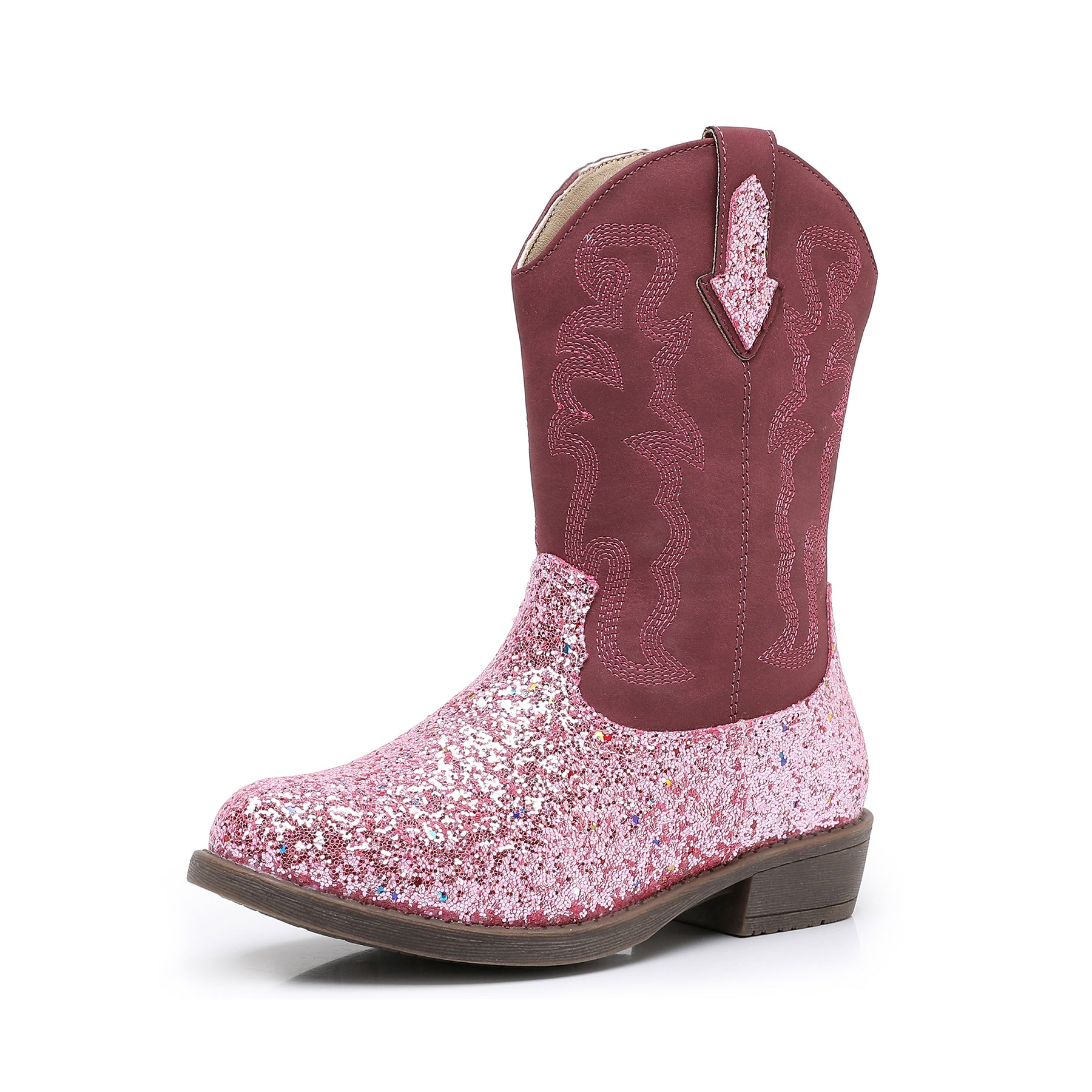 Apakowa Kids Girls Cowboy Boots Side Zipper Embroidered Western Style for Toddler Little/Big Kid-RF778-GlitterPink
