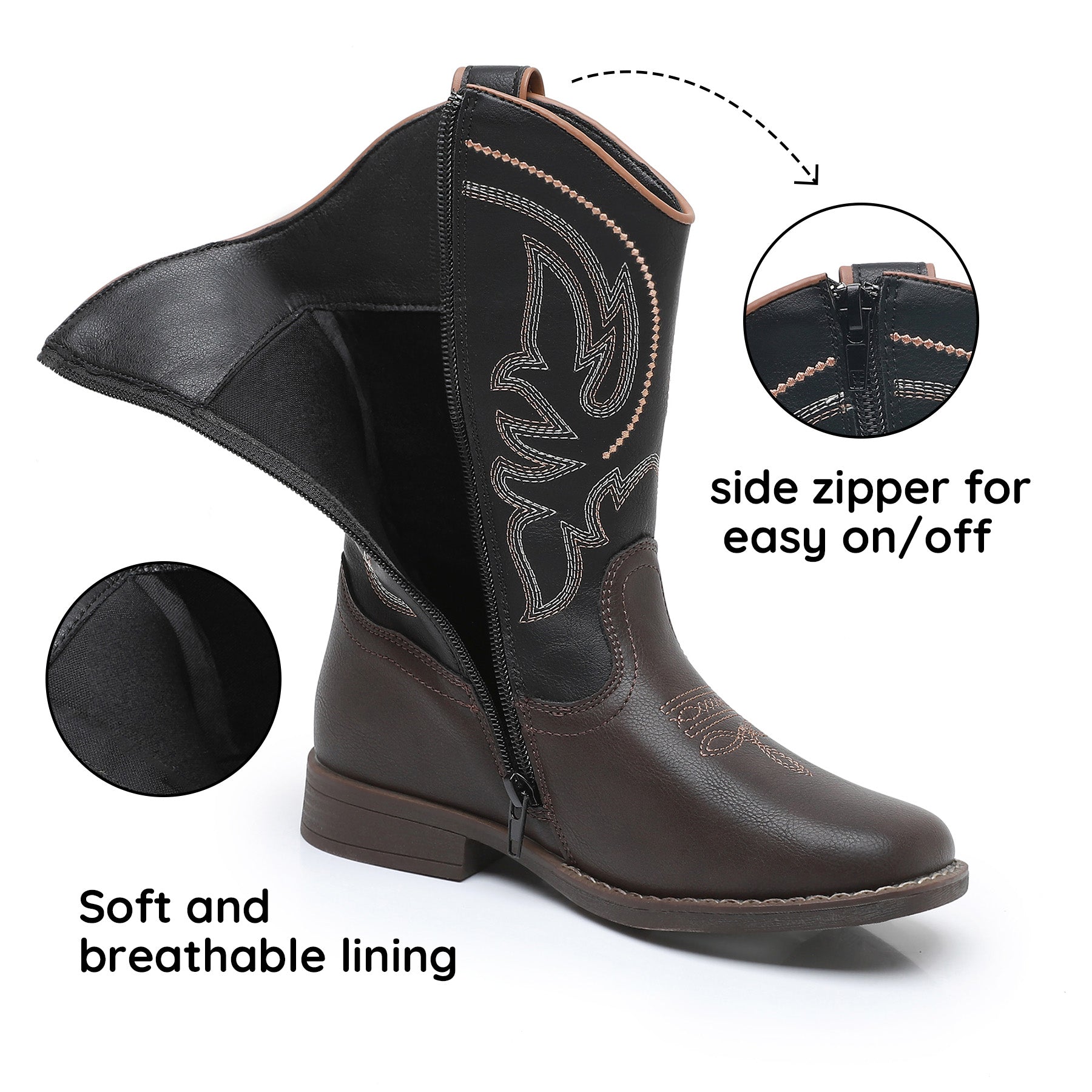 Apakowa Kids Boys Girls Square Toe Cowboy Boots-RF827-Black