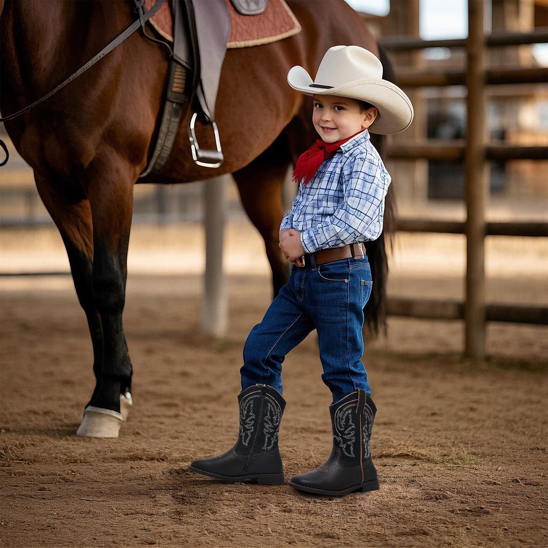 Apakowa Kids Boys Girls Square Toe Cowboy Boots-RF827-Black