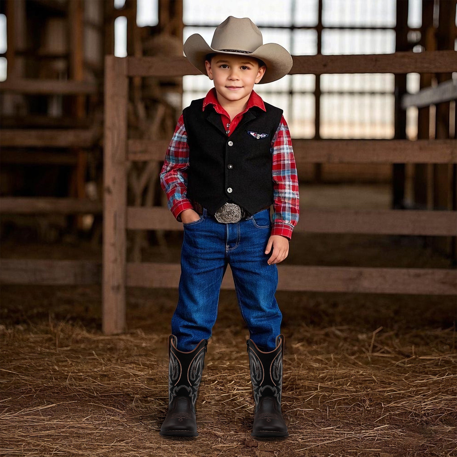 Apakowa Kids Boys Girls Square Toe Cowboy Boots-RF827-Black