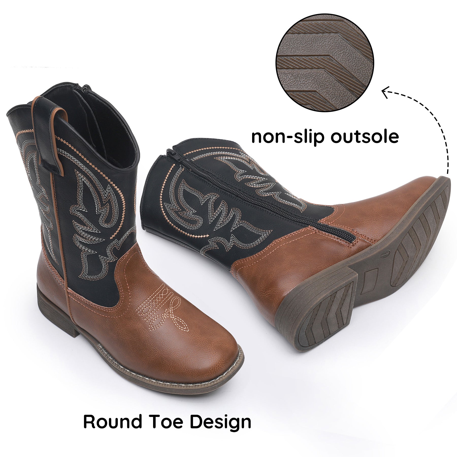 Apakowa Kids Boys Girls Square Toe Cowboy Boots-RF827-BlackBrown