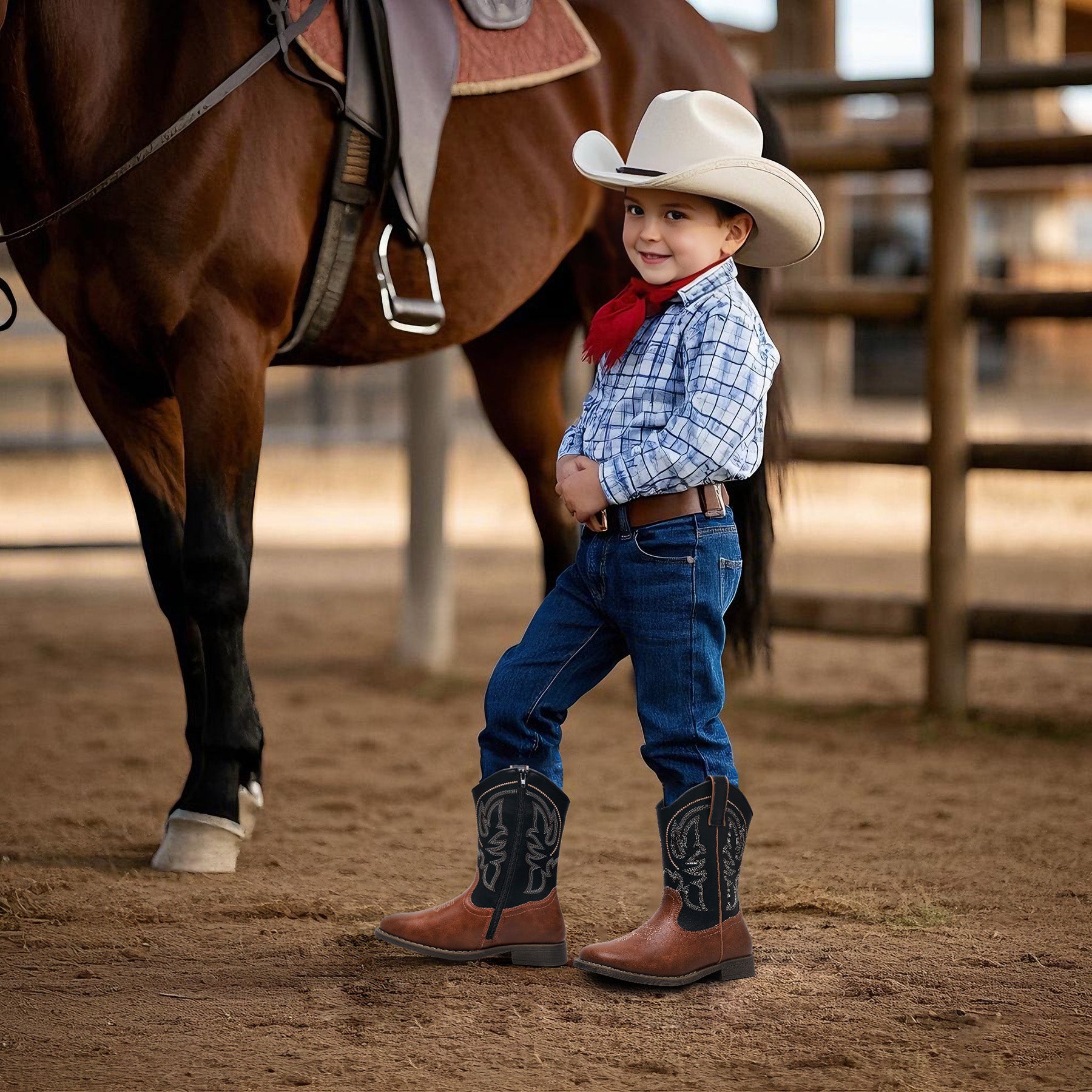Apakowa Kids Boys Girls Square Toe Cowboy Boots-RF827-BlackBrown