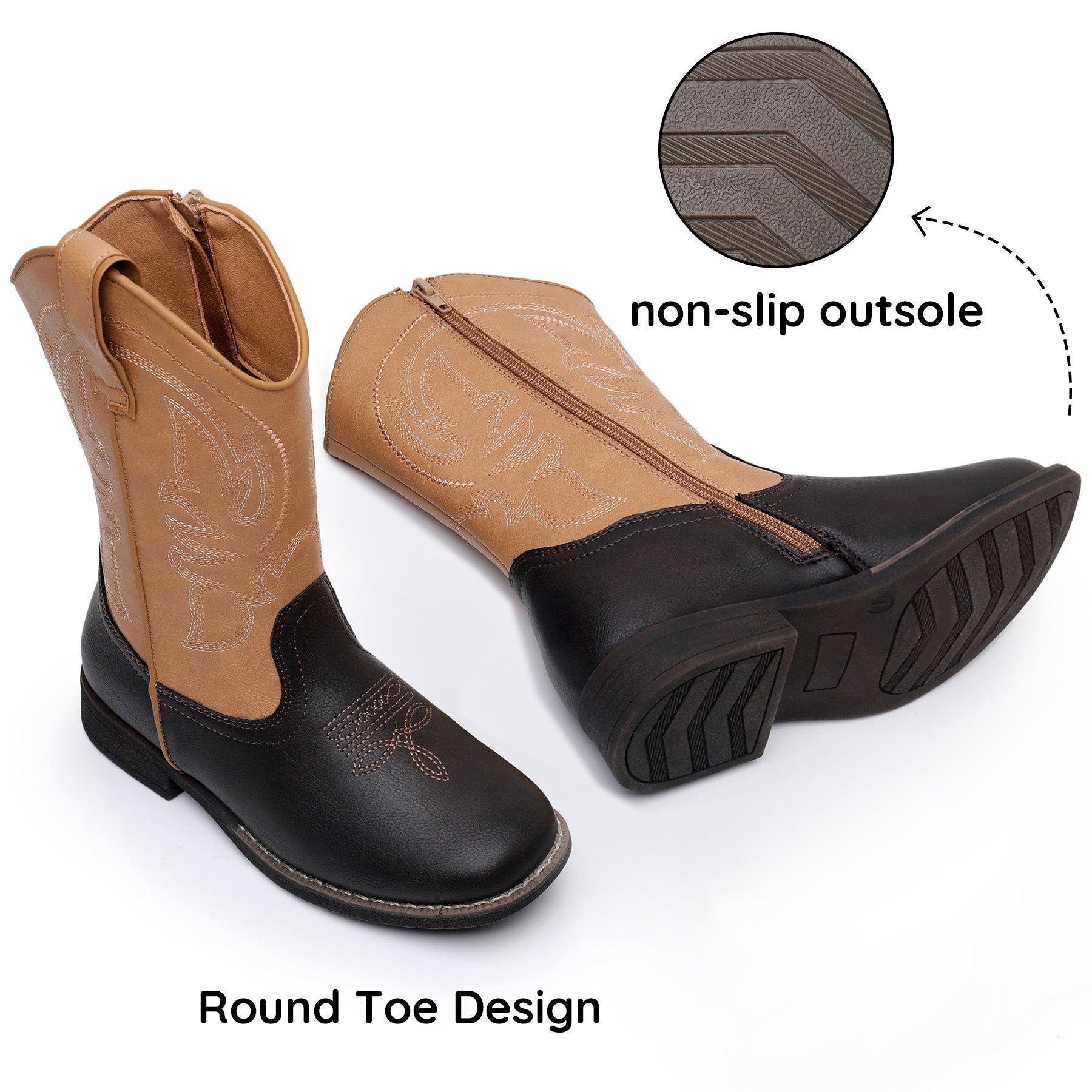 Apakowa Kids Boys Girls Square Toe Cowboy Boots-RF827-Camel