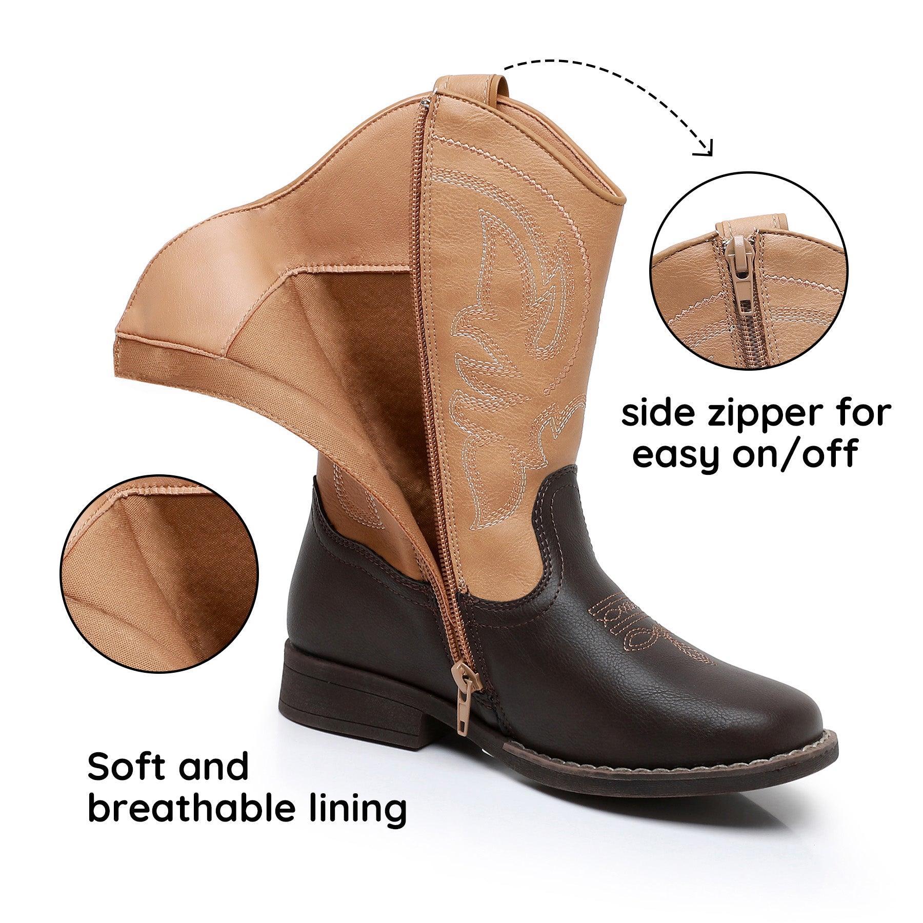 Apakowa Kids Boys Girls Square Toe Cowboy Boots-RF827-Camel