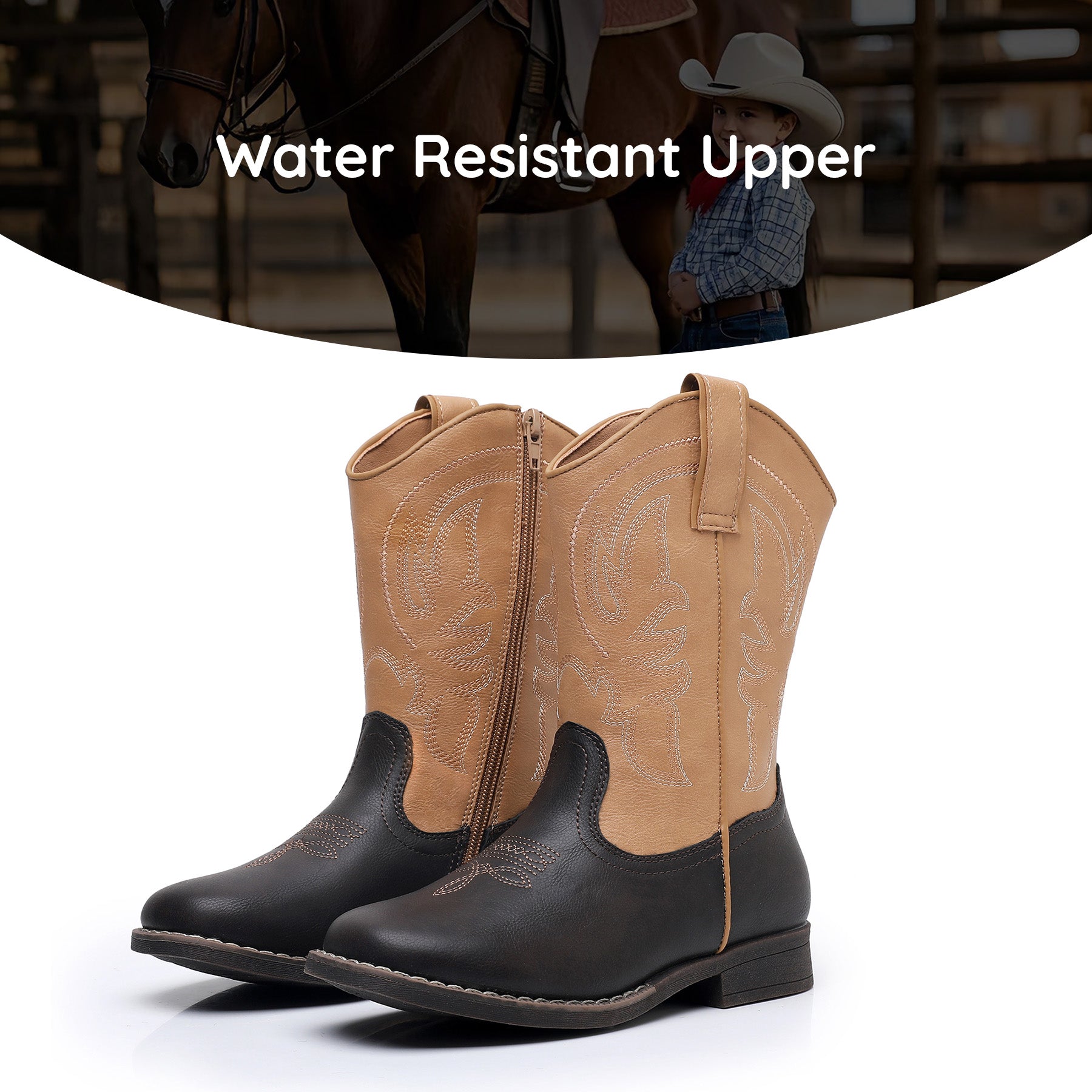 Apakowa Kids Boys Girls Square Toe Cowboy Boots-RF827-Camel