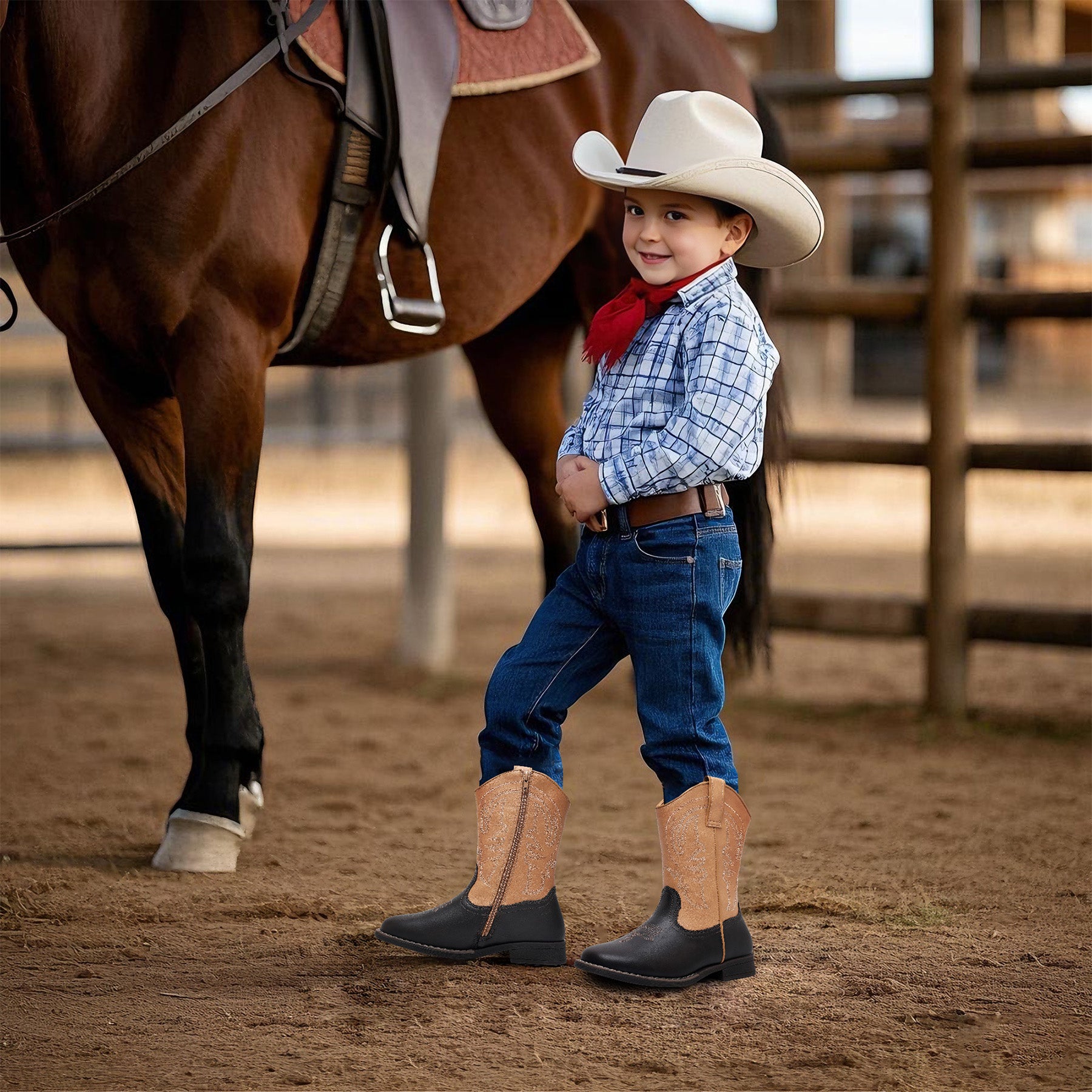 Apakowa Kids Boys Girls Square Toe Cowboy Boots-RF827-Camel