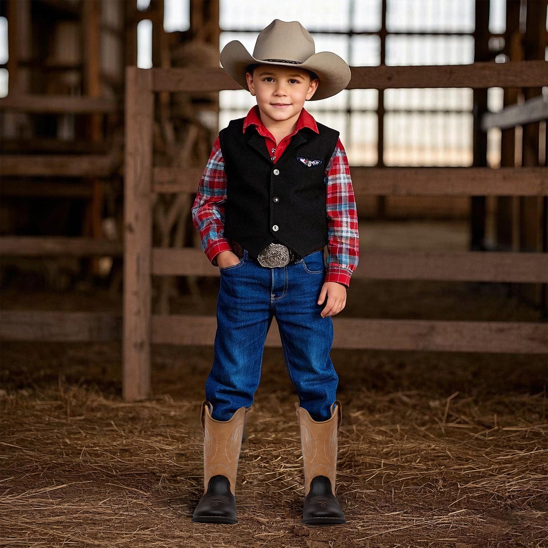 Apakowa Kids Boys Girls Square Toe Cowboy Boots-RF827-Camel