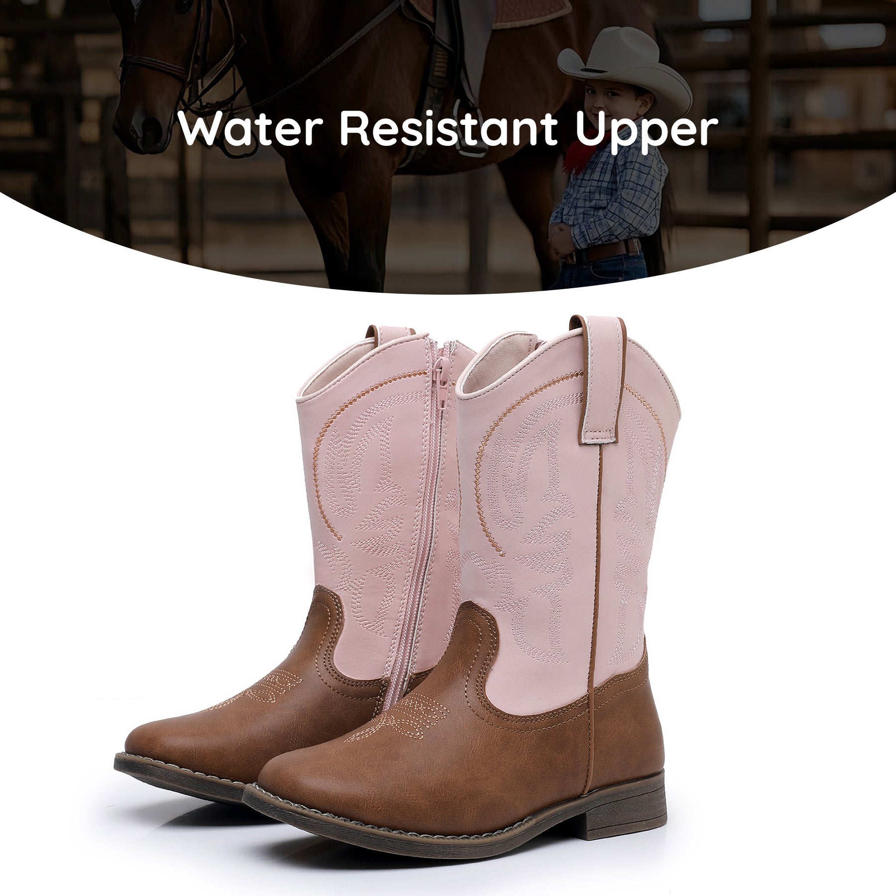 Apakowa Kids Boys Girls Square Toe Cowboy Boots-RF827-PinkBrown