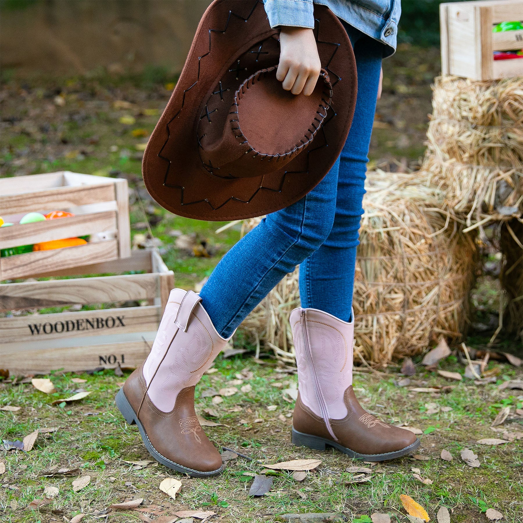 Apakowa Kids Boys Girls Square Toe Cowboy Boots-RF827-PinkBrown