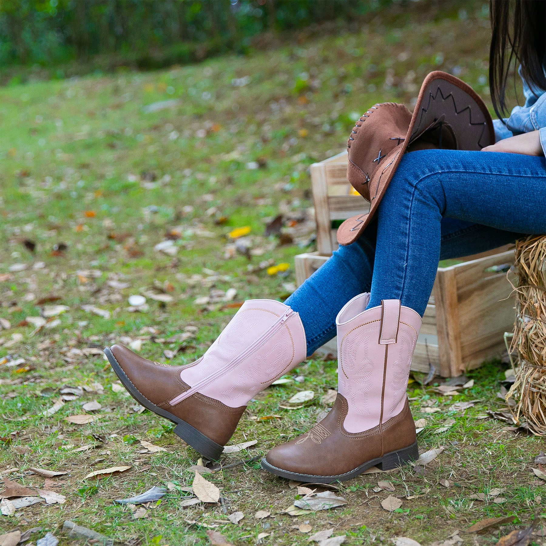 Apakowa Kids Boys Girls Square Toe Cowboy Boots-RF827-PinkBrown