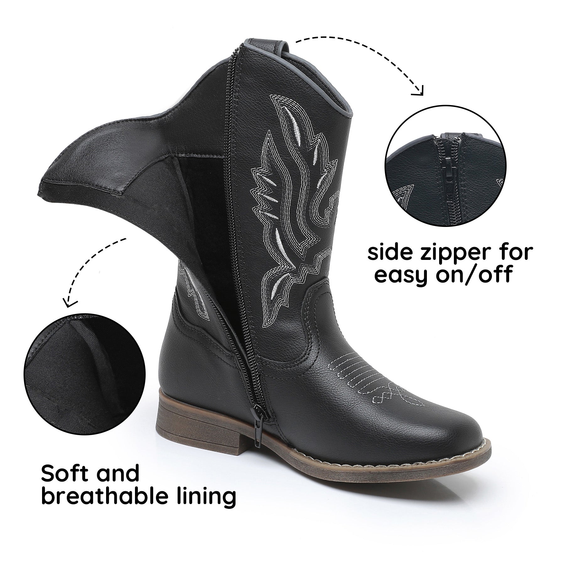 Apakowa Kids Boys Girls Square Toe Cowboy Boots-RF917-Black