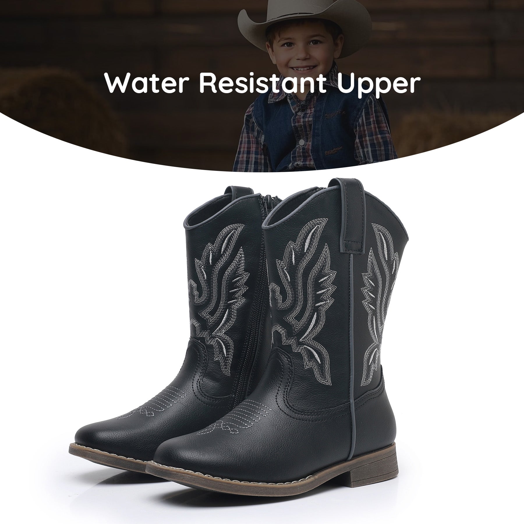 Apakowa Kids Boys Girls Square Toe Cowboy Boots-RF917-Black