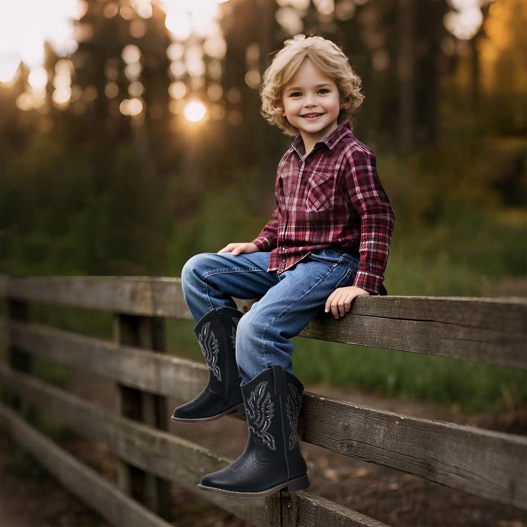 Apakowa Kids Boys Girls Square Toe Cowboy Boots-RF917-Black