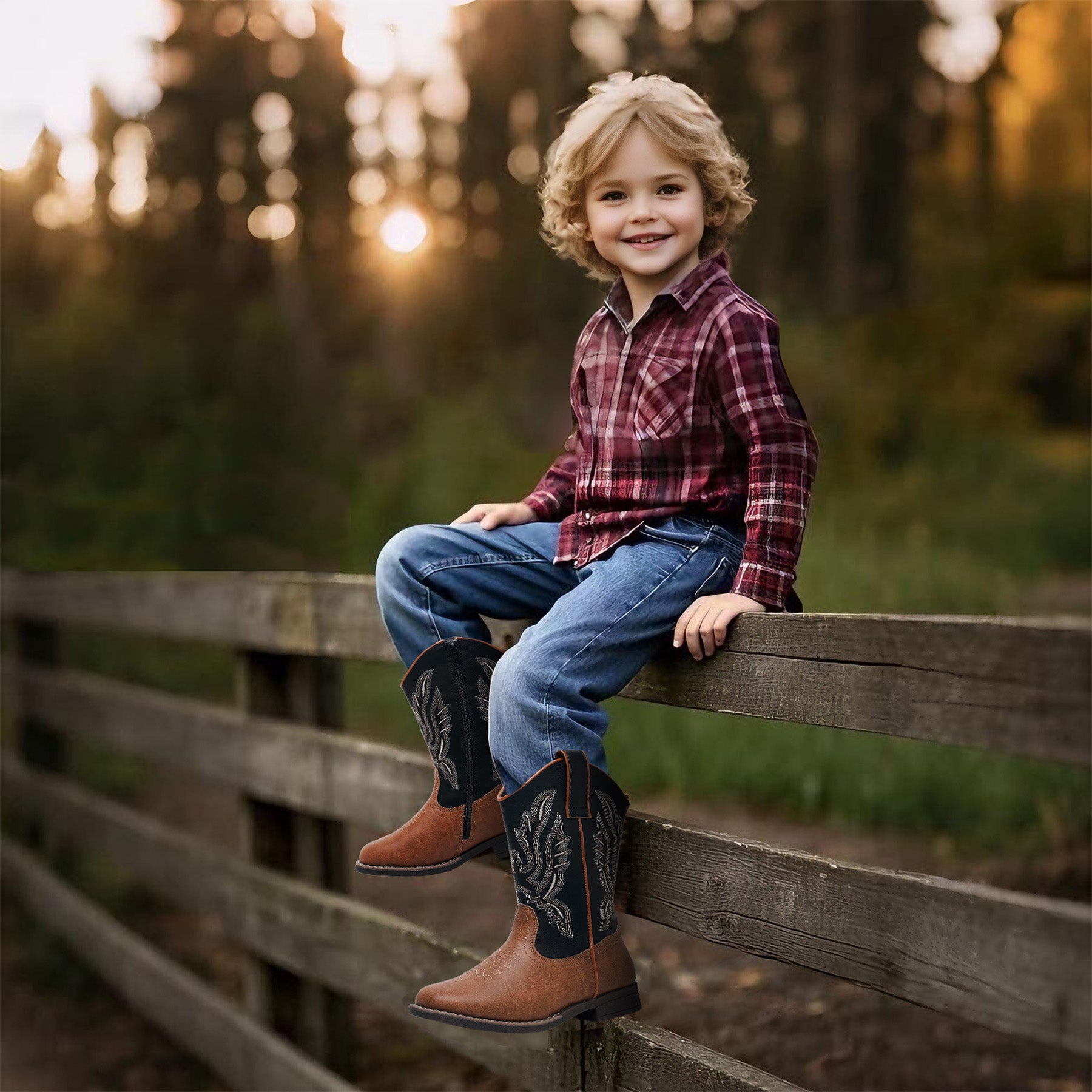 Apakowa Kids Boys Girls Square Toe Cowboy Boots-RF917-BlackBrown