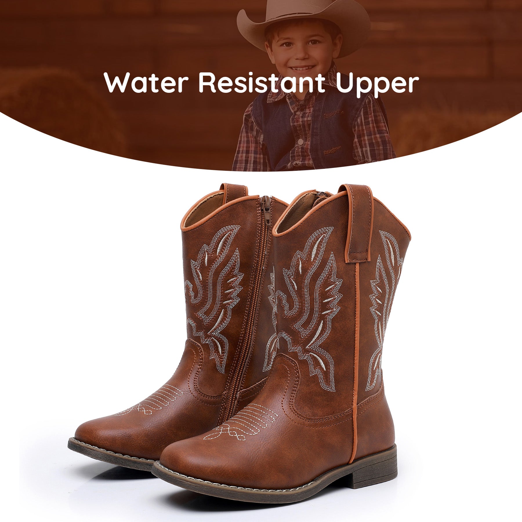 Apakowa Kids Boys Girls Square Toe Cowboy Boots-RF917-Brown