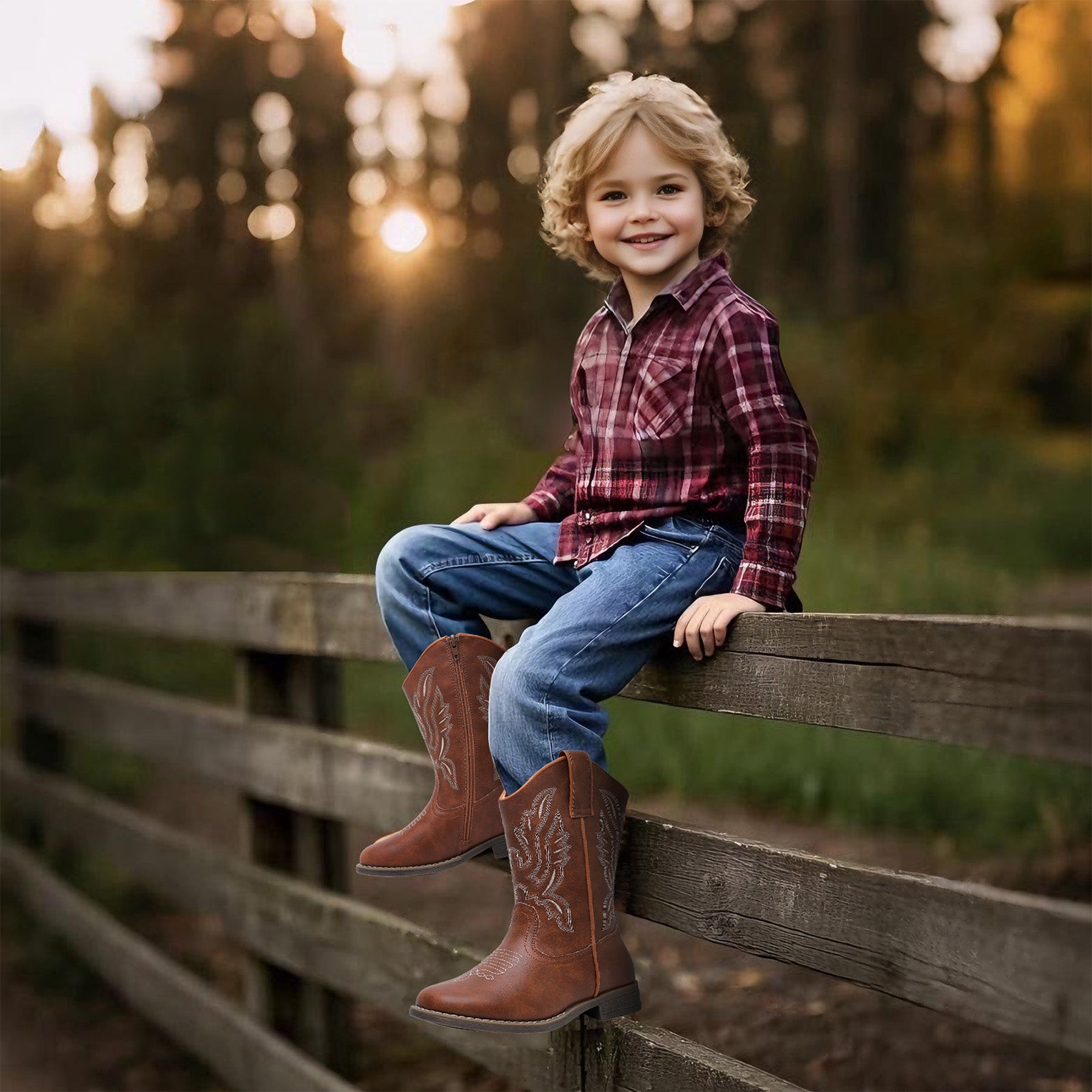 Apakowa Kids Boys Girls Square Toe Cowboy Boots-RF917-Brown