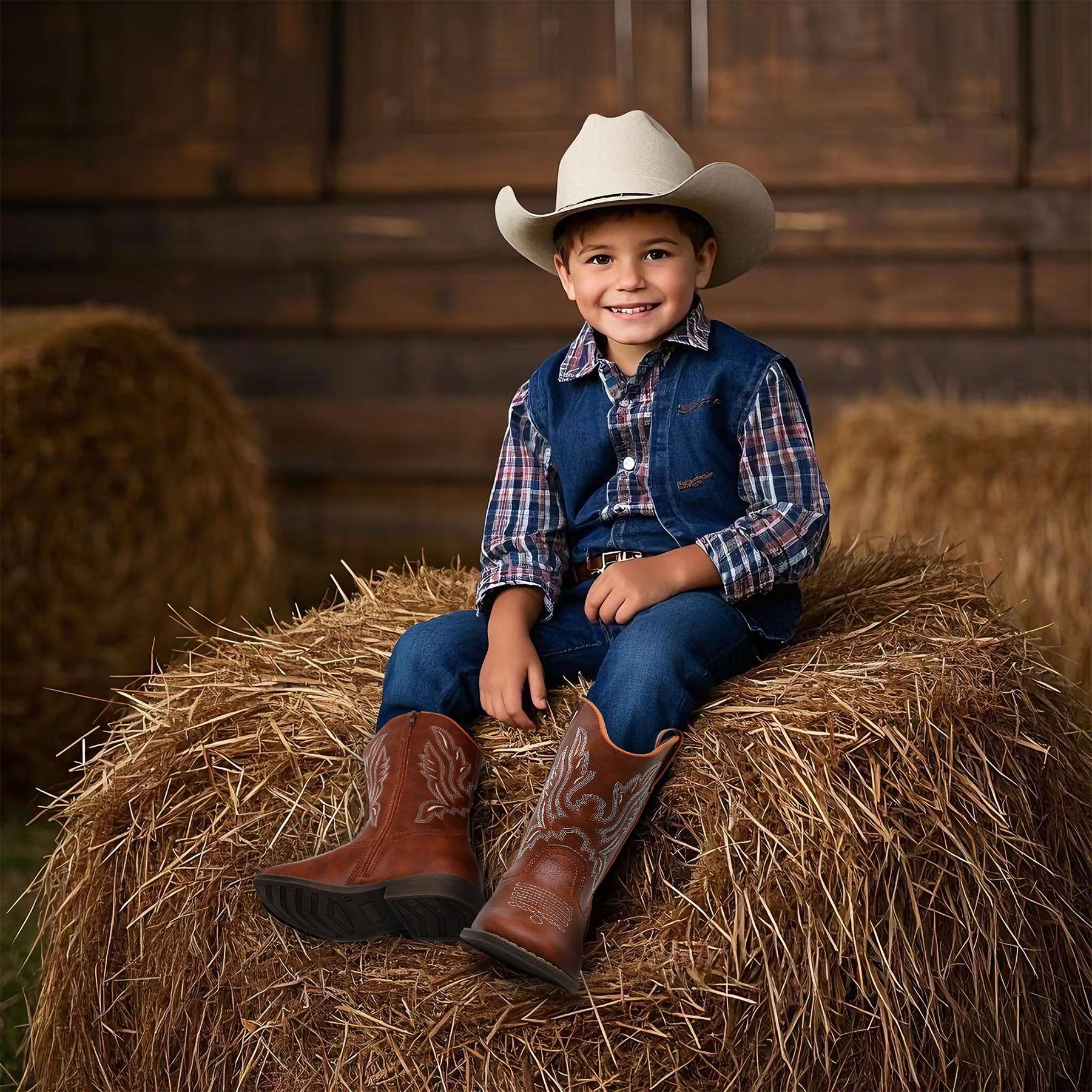 Apakowa Kids Boys Girls Square Toe Cowboy Boots-RF917-Brown