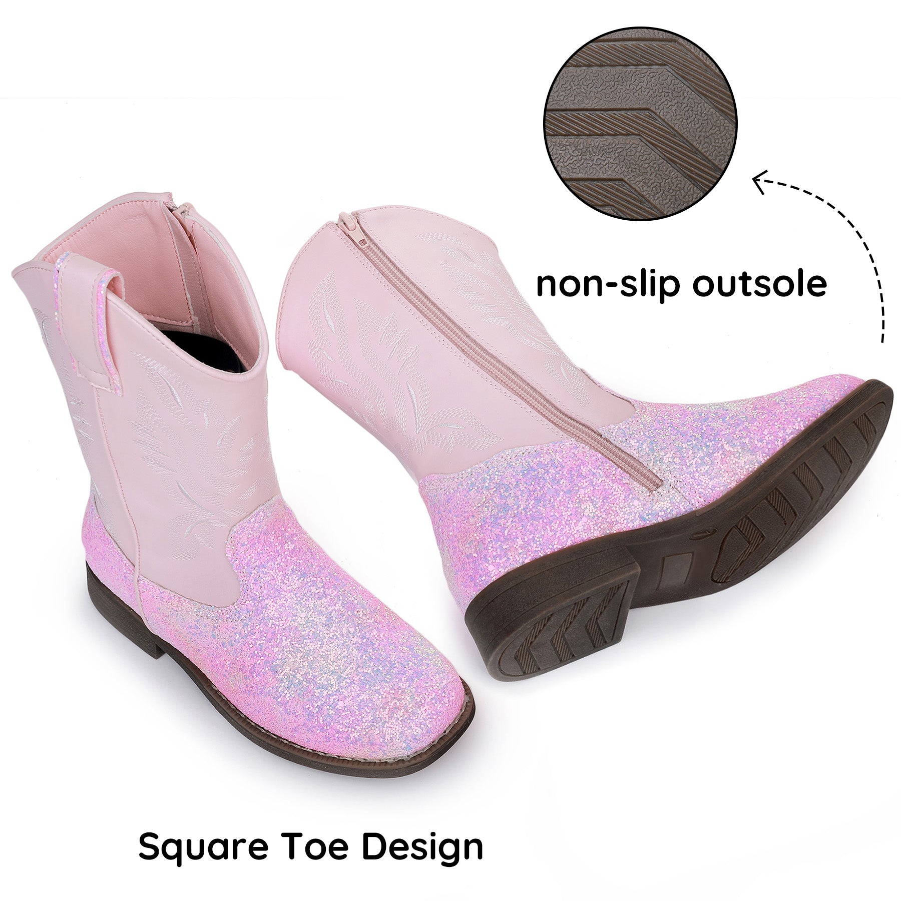 Apakowa Kids Boys Girls Square Toe Cowboy Boots-RF917-GlitterPink