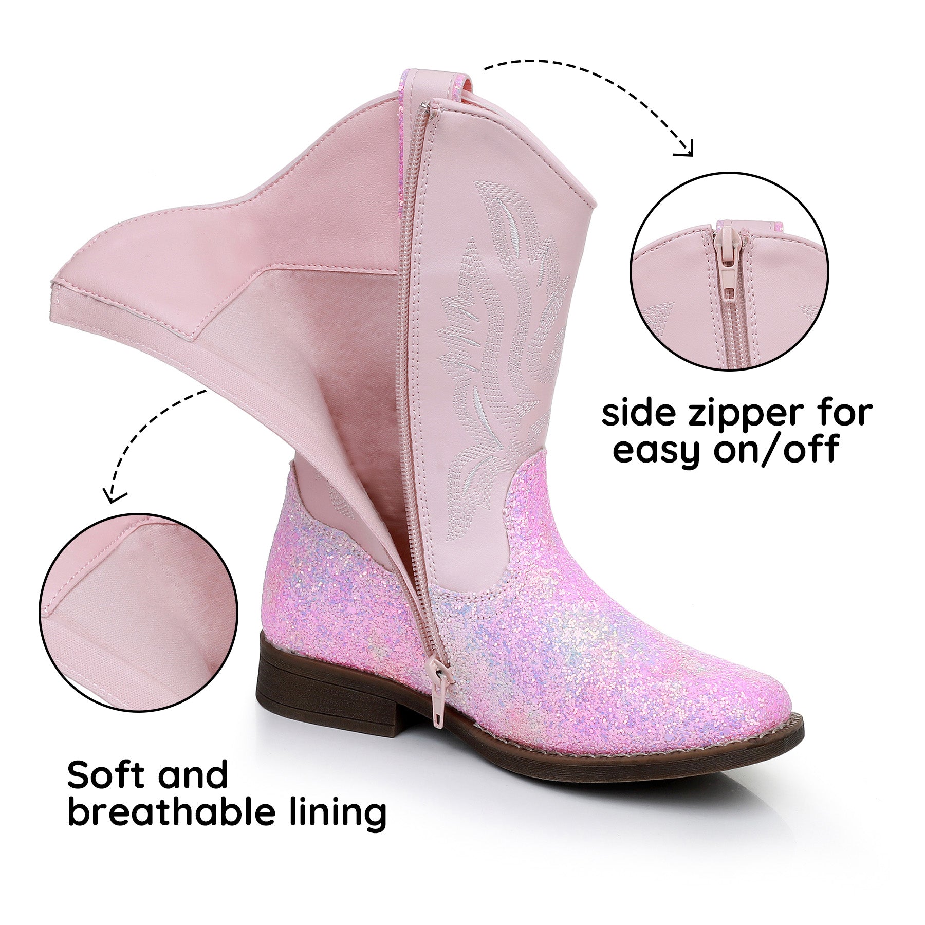 Apakowa Kids Boys Girls Square Toe Cowboy Boots-RF917-GlitterPink