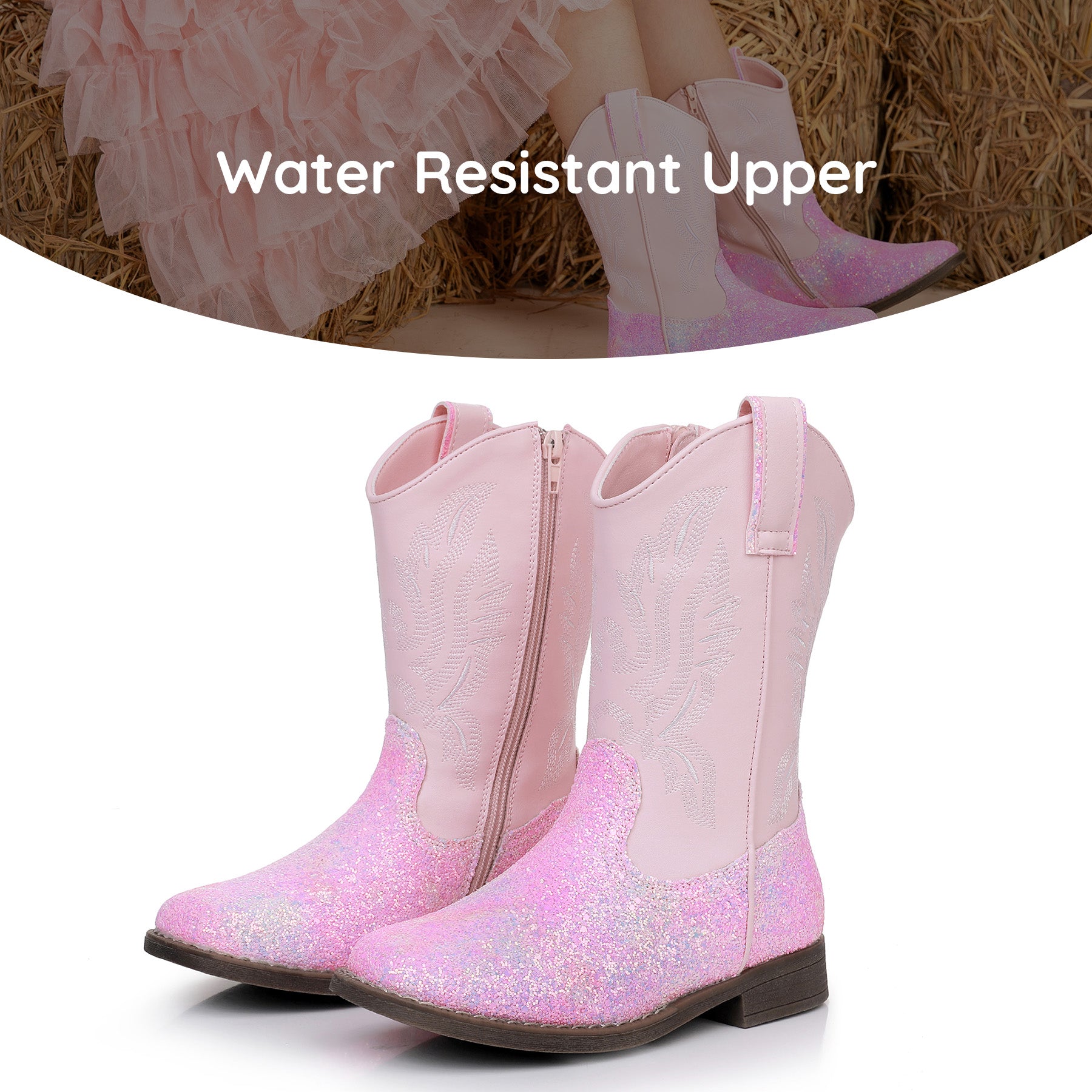 Apakowa Kids Boys Girls Square Toe Cowboy Boots-RF917-GlitterPink
