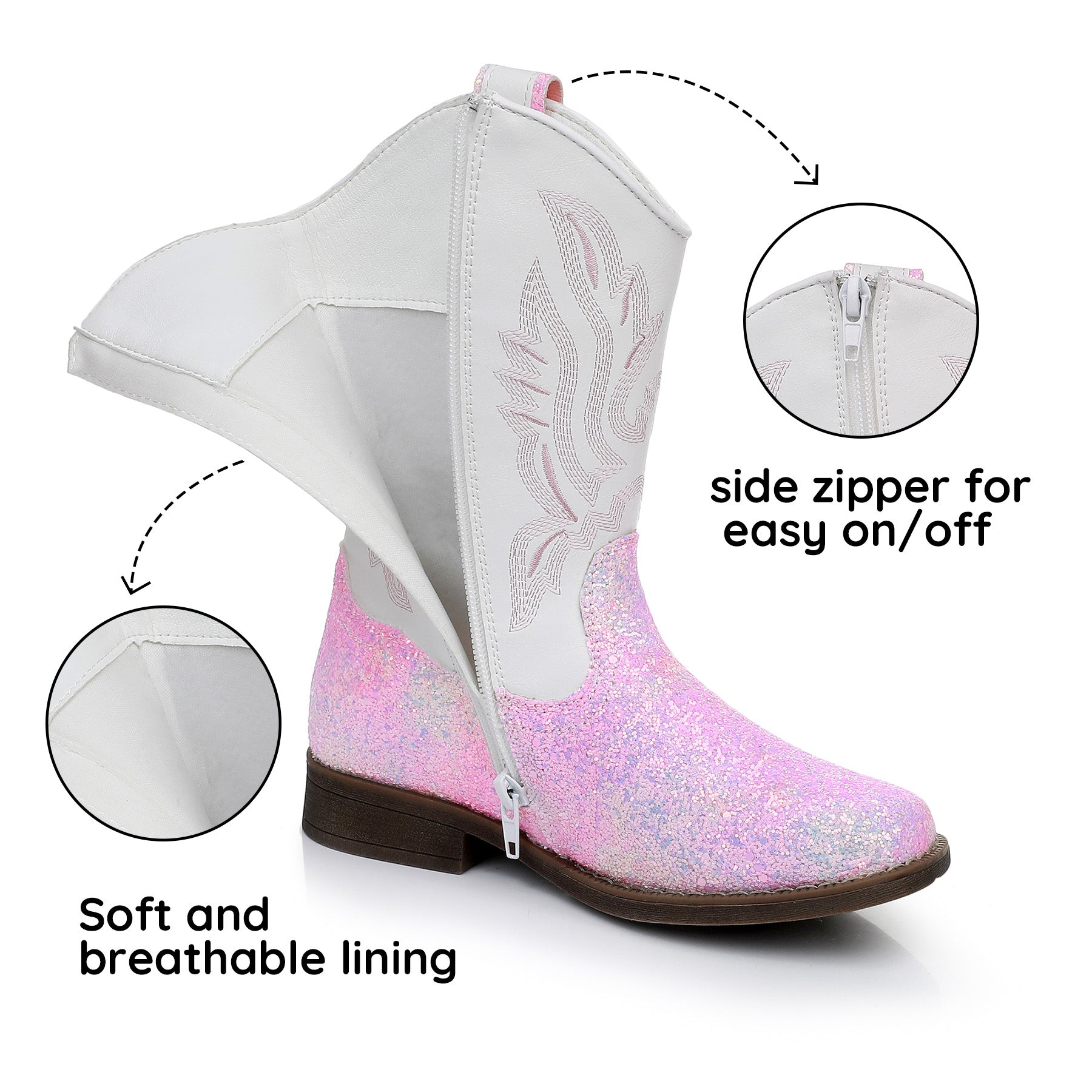 Apakowa Kids Boys Girls Square Toe Cowboy Boots-RF917-GlitterWhite