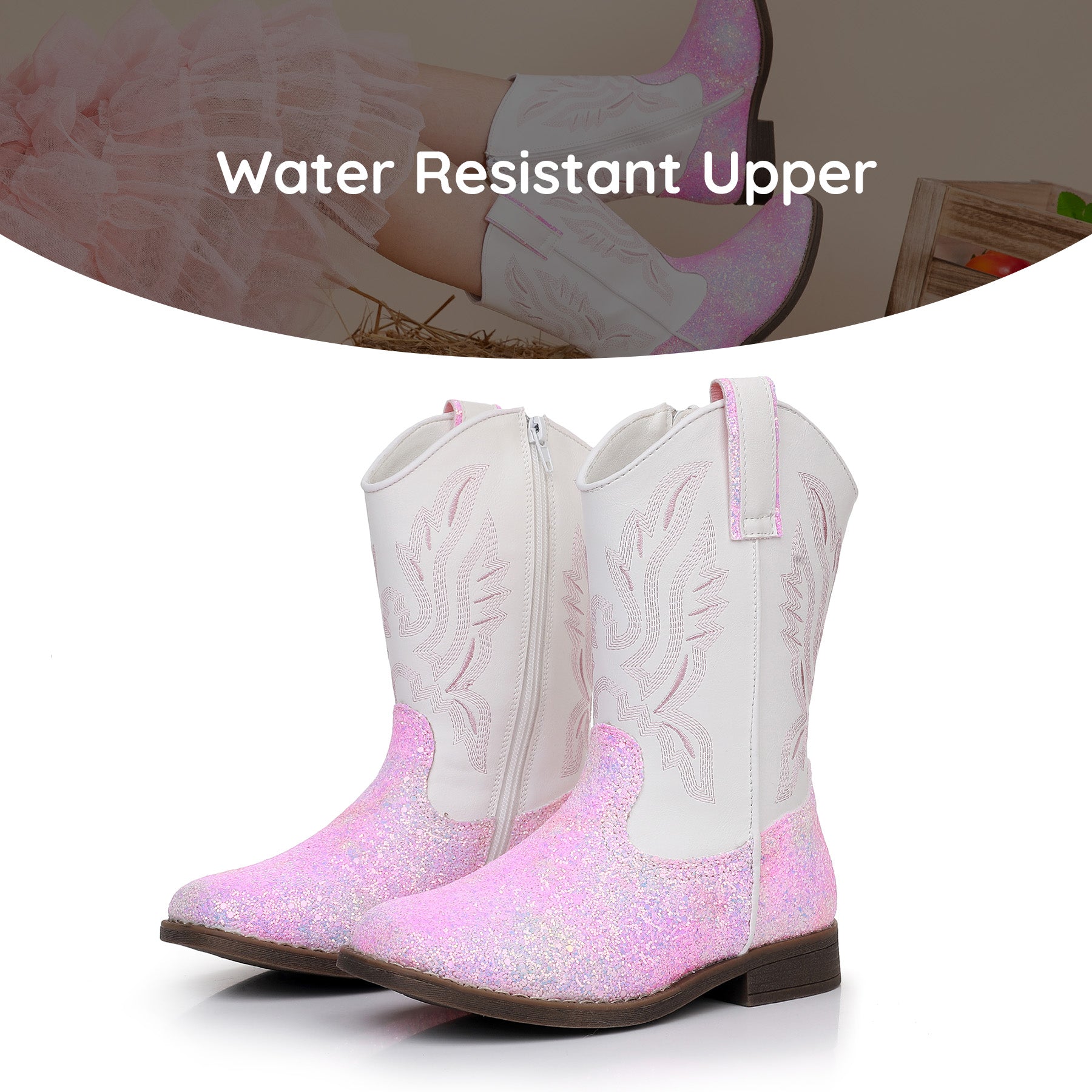 Apakowa Kids Boys Girls Square Toe Cowboy Boots-RF917-GlitterWhite