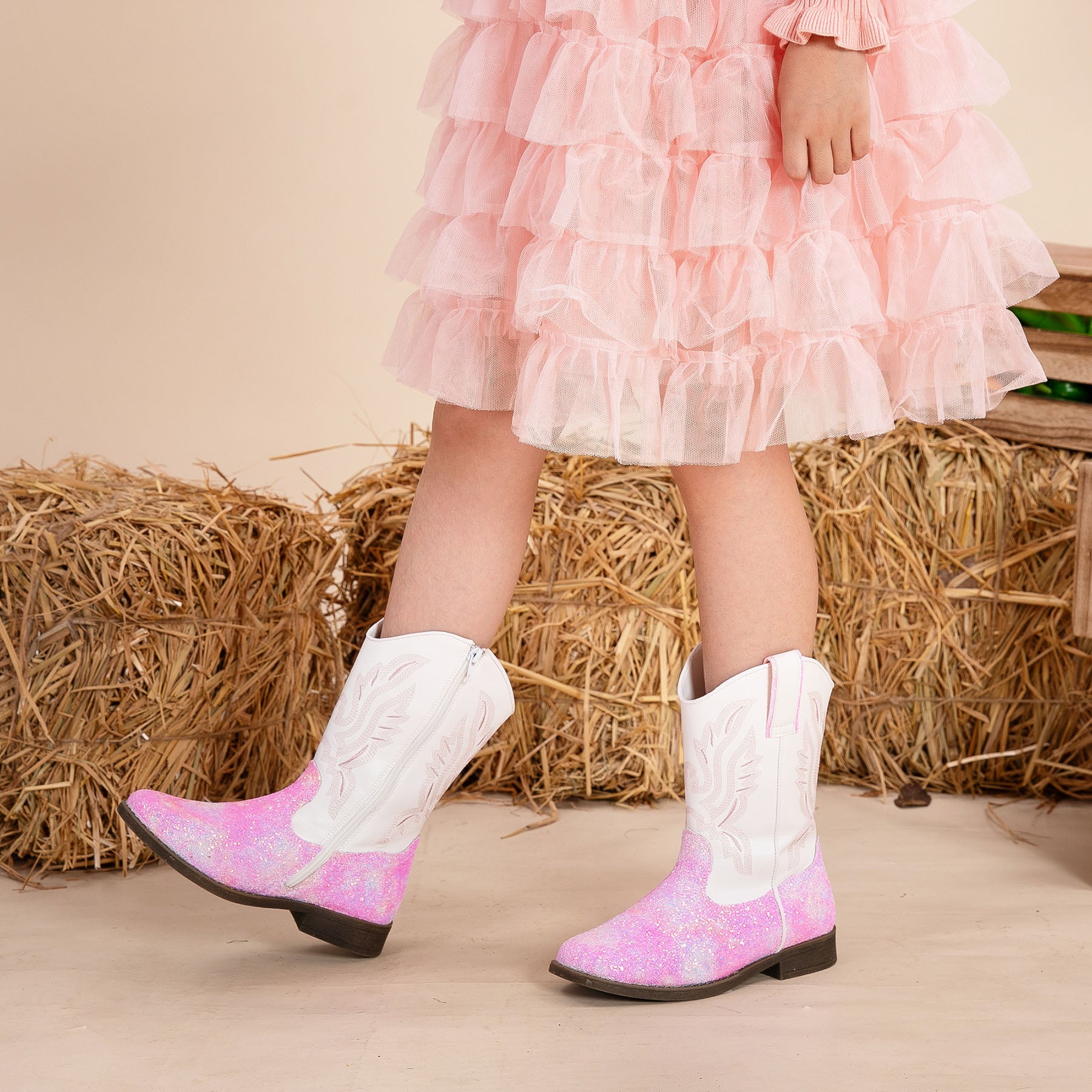 Apakowa Kids Boys Girls Square Toe Cowboy Boots-RF917-GlitterWhite