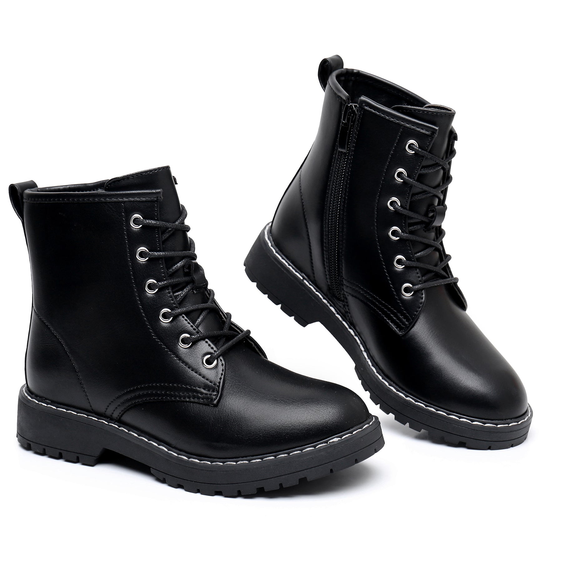 Apakowa Kids Gilrs Combat Boots with Side Zipper for Little/Big Kid-ZSF01-Black