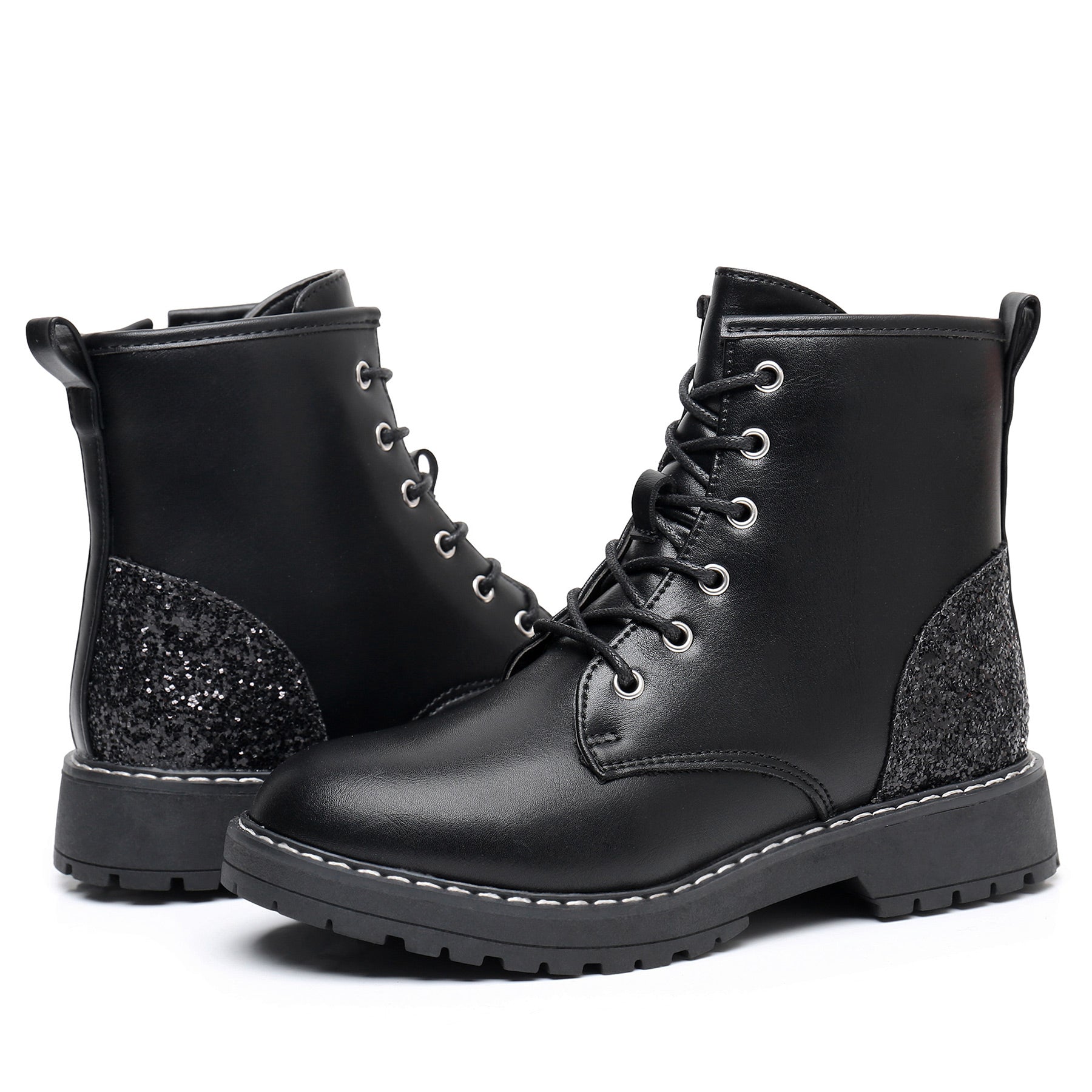 Apakowa Kids Gilrs Combat Boots with Side Zipper for Little/Big Kid-ZSF02-Black