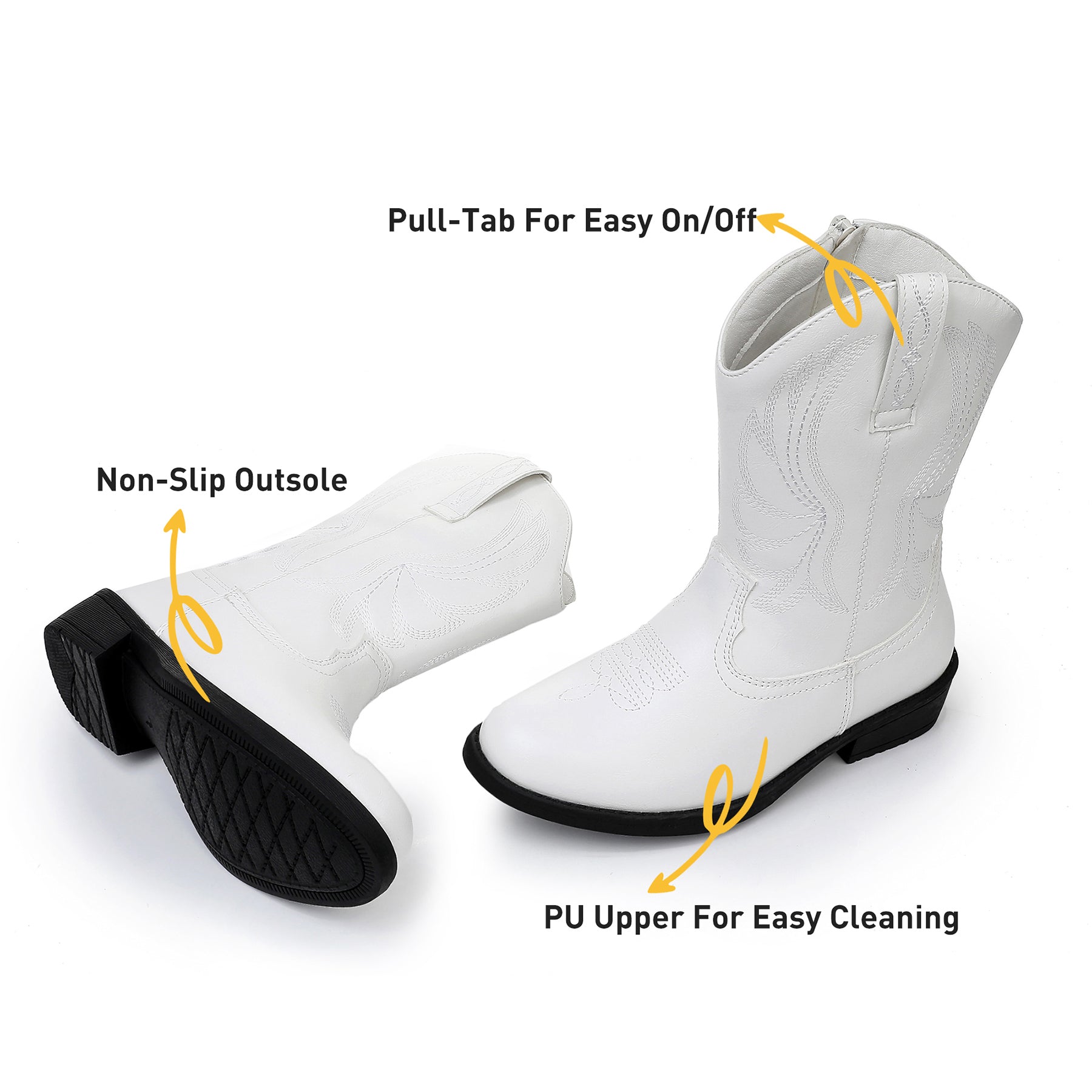 Apakowa Girls Cowboy Boots Side Zipper Cowgirl Boots Embroidered Western Style Toddler Little Kid Big Kid-RF732-White