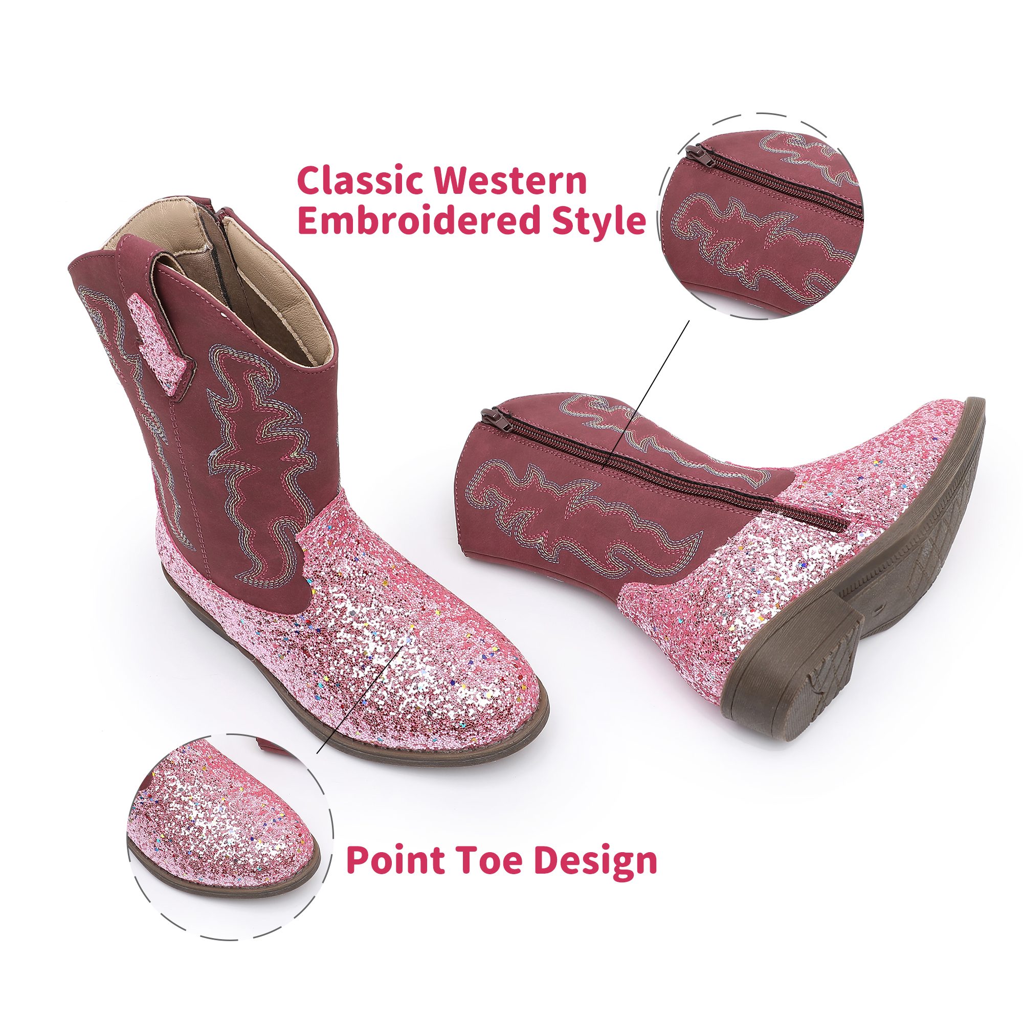 Apakowa Girls Glitter Cowboy Boots Sparkly Cowgirl Boots Side Zipper Toddler Little Kid Big Kid Western Boots--RF777-GlitterPink