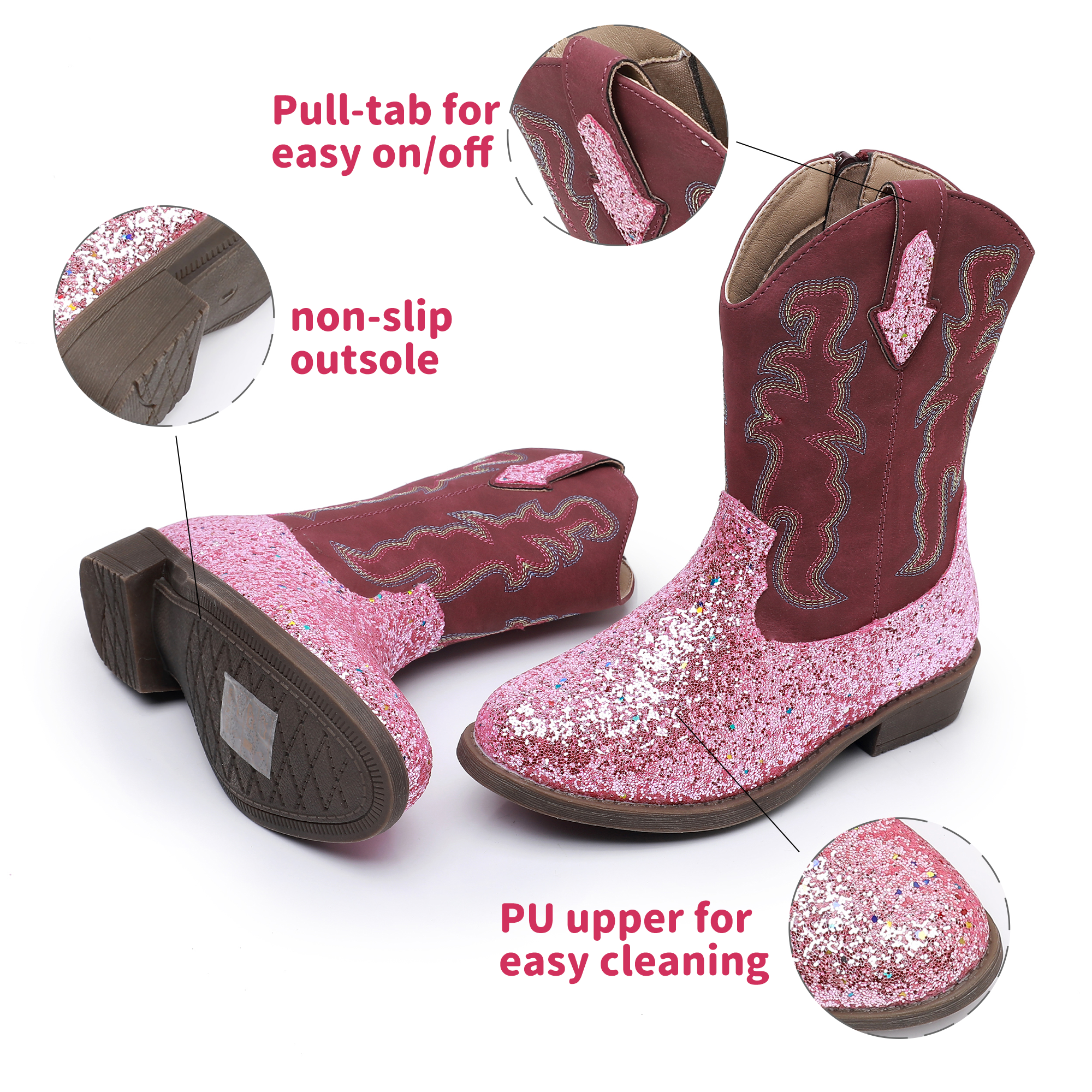 Apakowa Girls Glitter Cowboy Boots Sparkly Cowgirl Boots Side Zipper Toddler Little Kid Big Kid Western Boots--RF777-GlitterPink