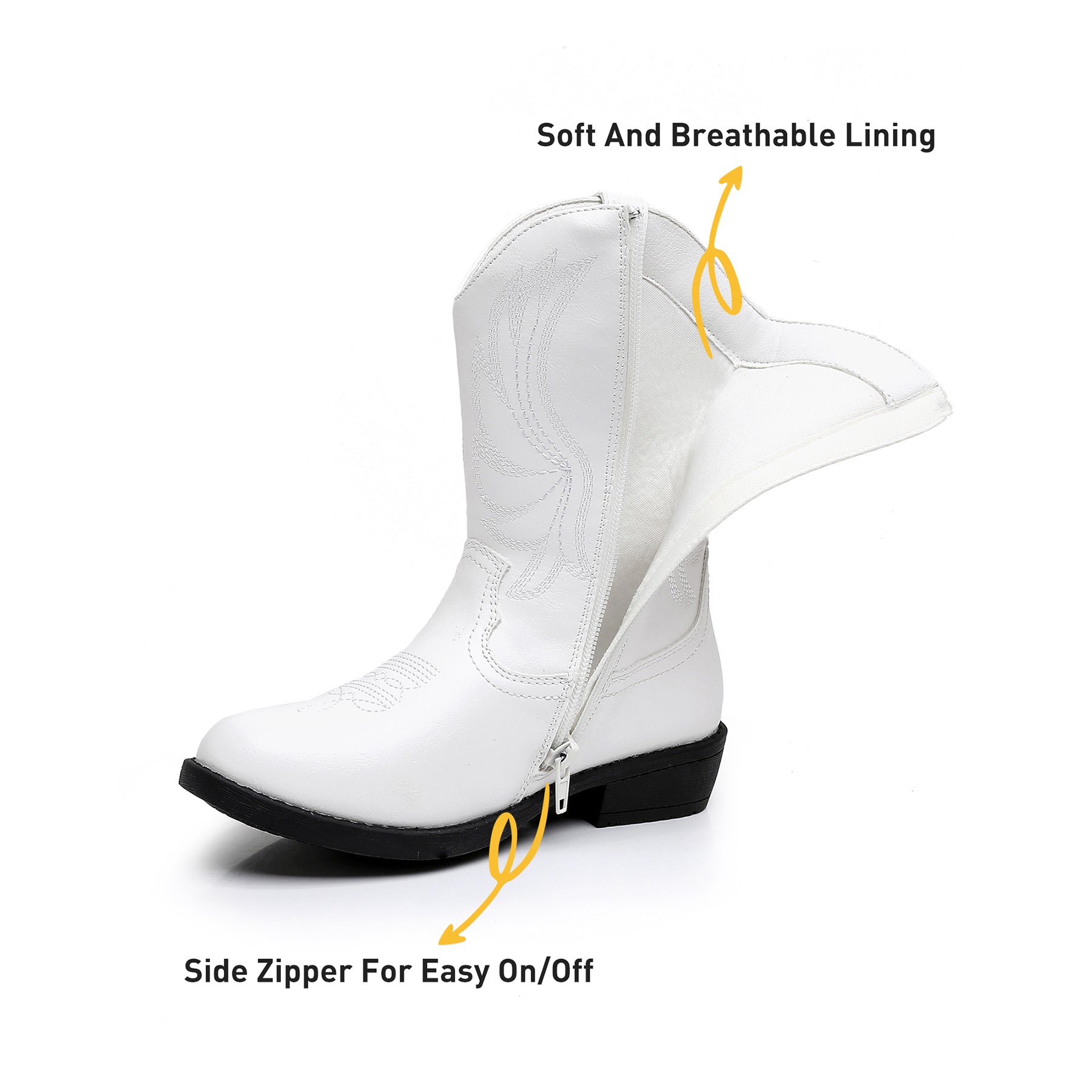Apakowa Girls Cowboy Boots Side Zipper Cowgirl Boots Embroidered Western Style Toddler Little Kid Big Kid-RF732-White