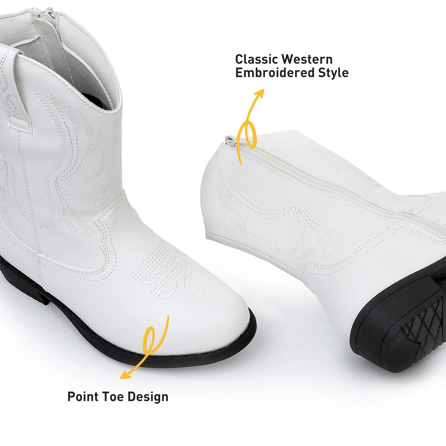 Apakowa Girls Cowboy Boots Side Zipper Cowgirl Boots Embroidered Western Style Toddler Little Kid Big Kid-RF732-White