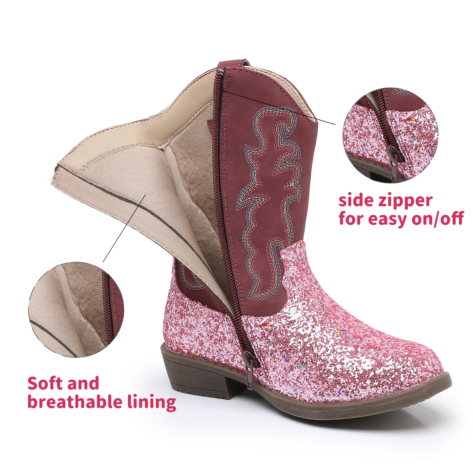 Apakowa Girls Glitter Cowboy Boots Sparkly Cowgirl Boots Side Zipper Toddler Little Kid Big Kid Western Boots--RF777-GlitterPink