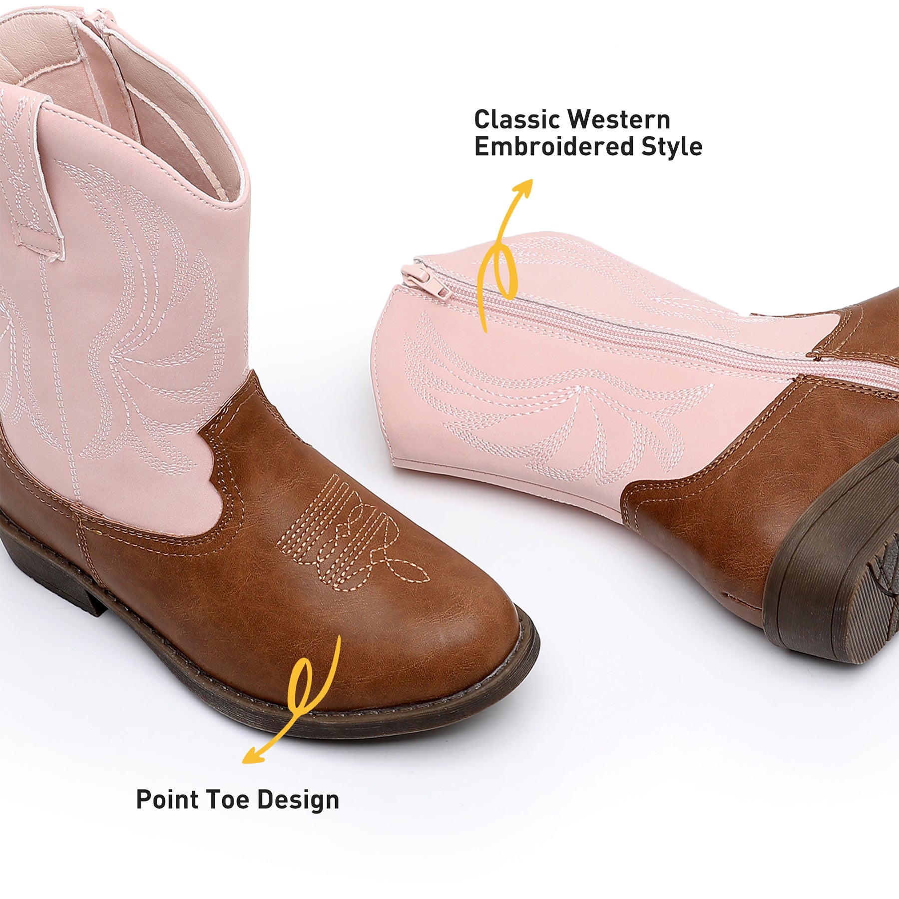 Apakowa Girls Cowboy Boots Side Zipper Cowgirl Boots Embroidered Western Style Toddler Little Kid Big Kid-RF732-PinkBrown