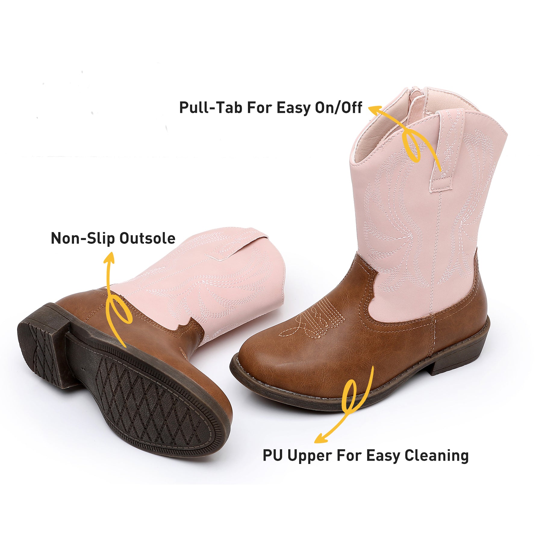 Apakowa Girls Cowboy Boots Side Zipper Cowgirl Boots Embroidered Western Style Toddler Little Kid Big Kid-RF732-PinkBrown