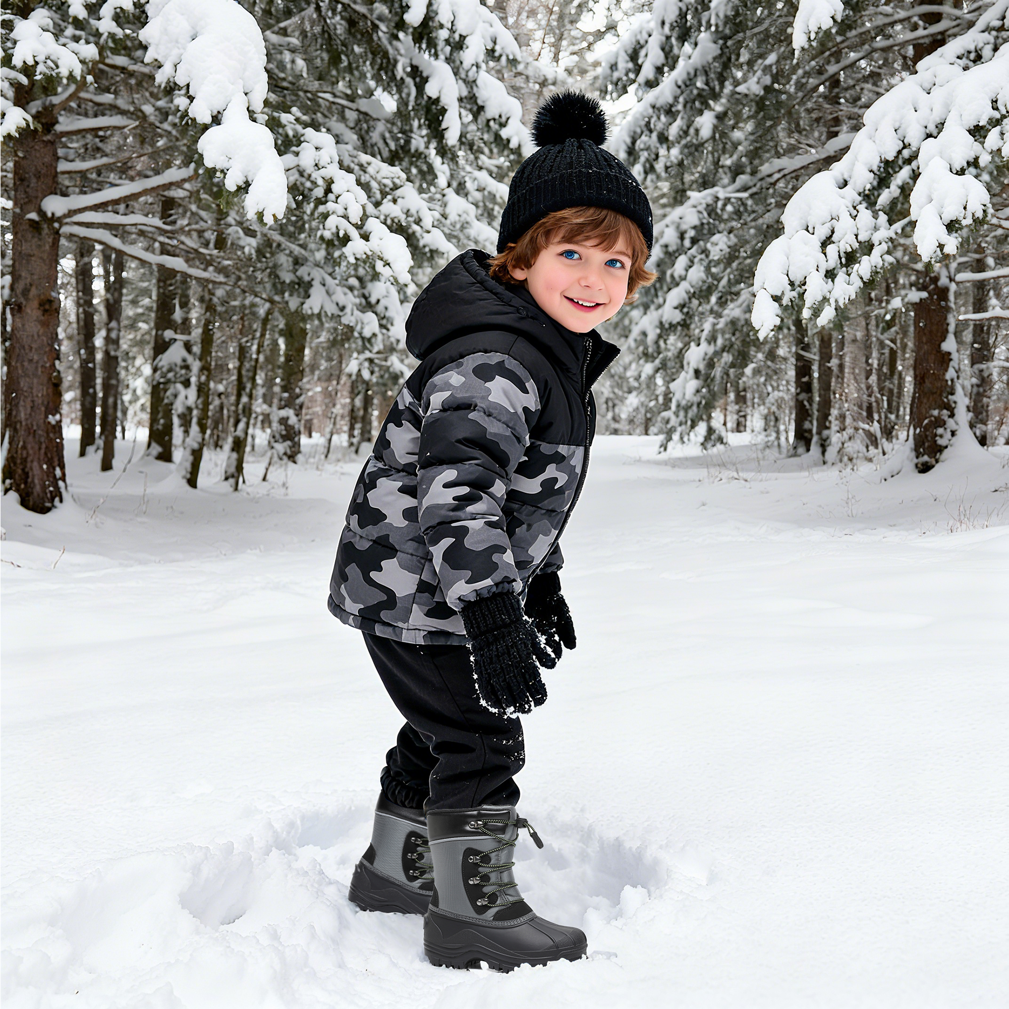 Apakowa Kids Boys Girls Winter Snow Boots Waterproof Outdoor Insulated Snow Boots (Little Kid/Big Kid)-H3306-BlackGrey