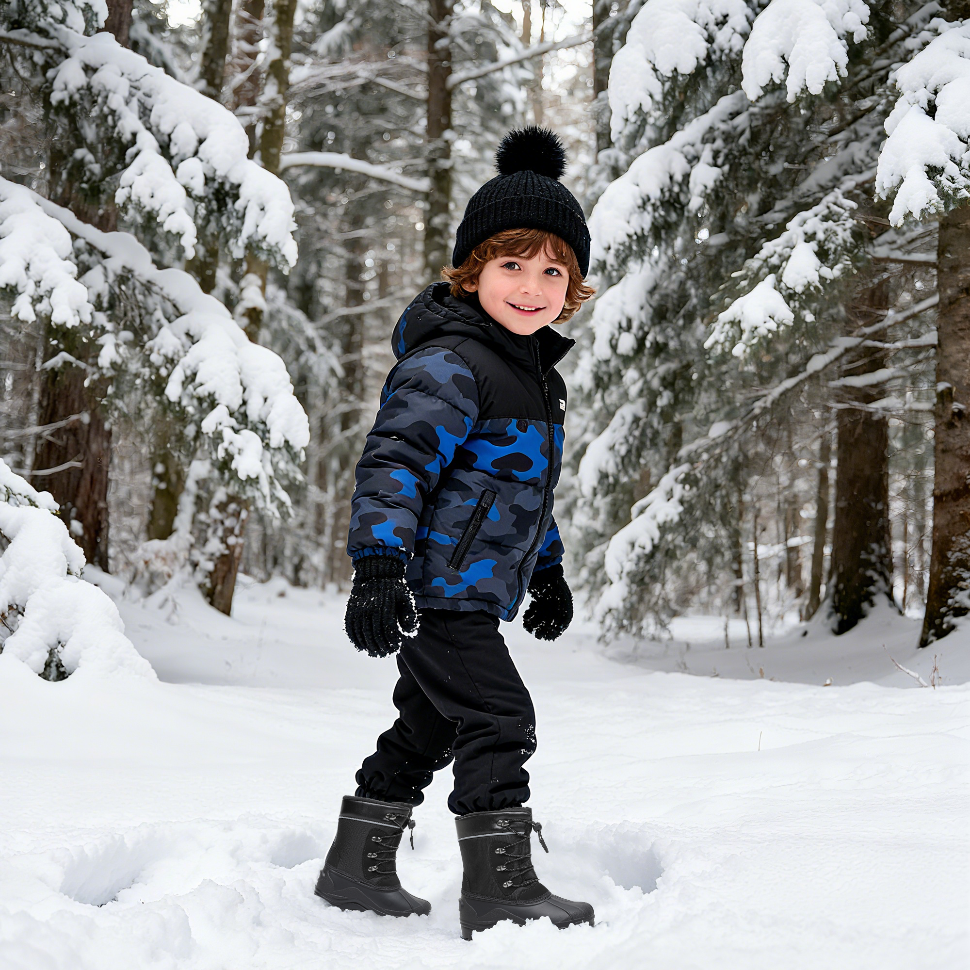 Apakowa Kids Boys Girls Winter Snow Boots Waterproof Outdoor Insulated Snow Boots (Little Kid/Big Kid)-H3306-Black