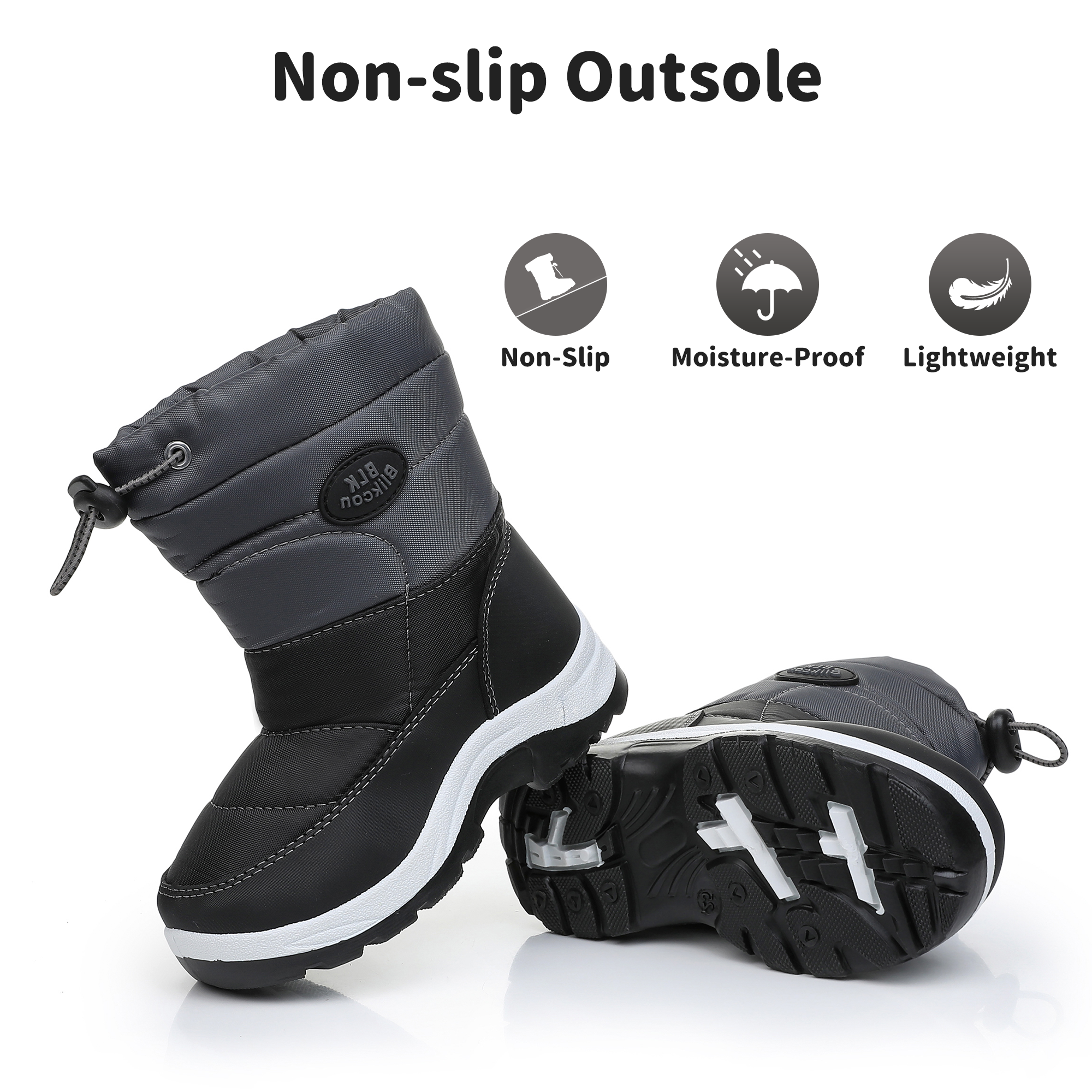 Blikcon Boys Girls Snow Boots Slip Resistant Waterproof Winter Boots (Toddler/Little Kid)-BLK-H0326-BlackGrey