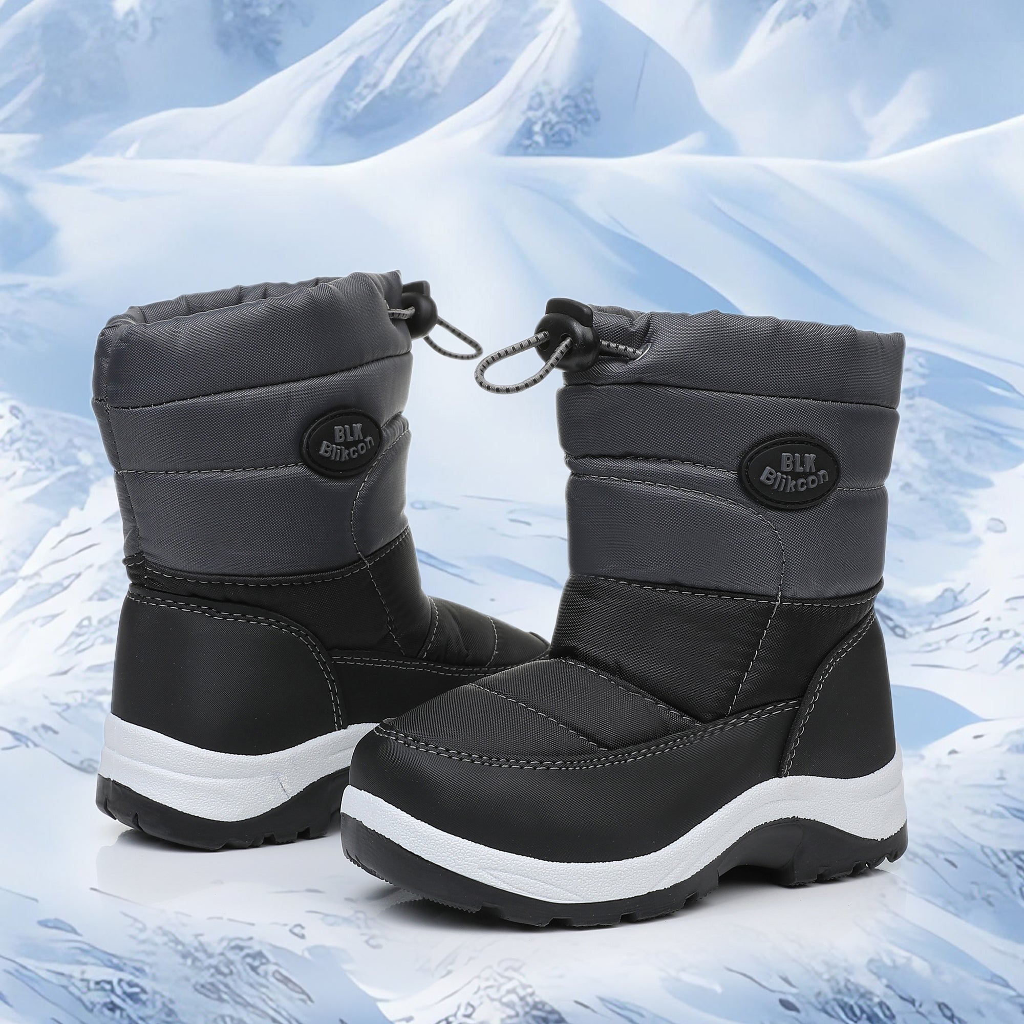 Blikcon Boys Girls Snow Boots Slip Resistant Waterproof Winter Boots (Toddler/Little Kid)-BLK-H0326-BlackGrey