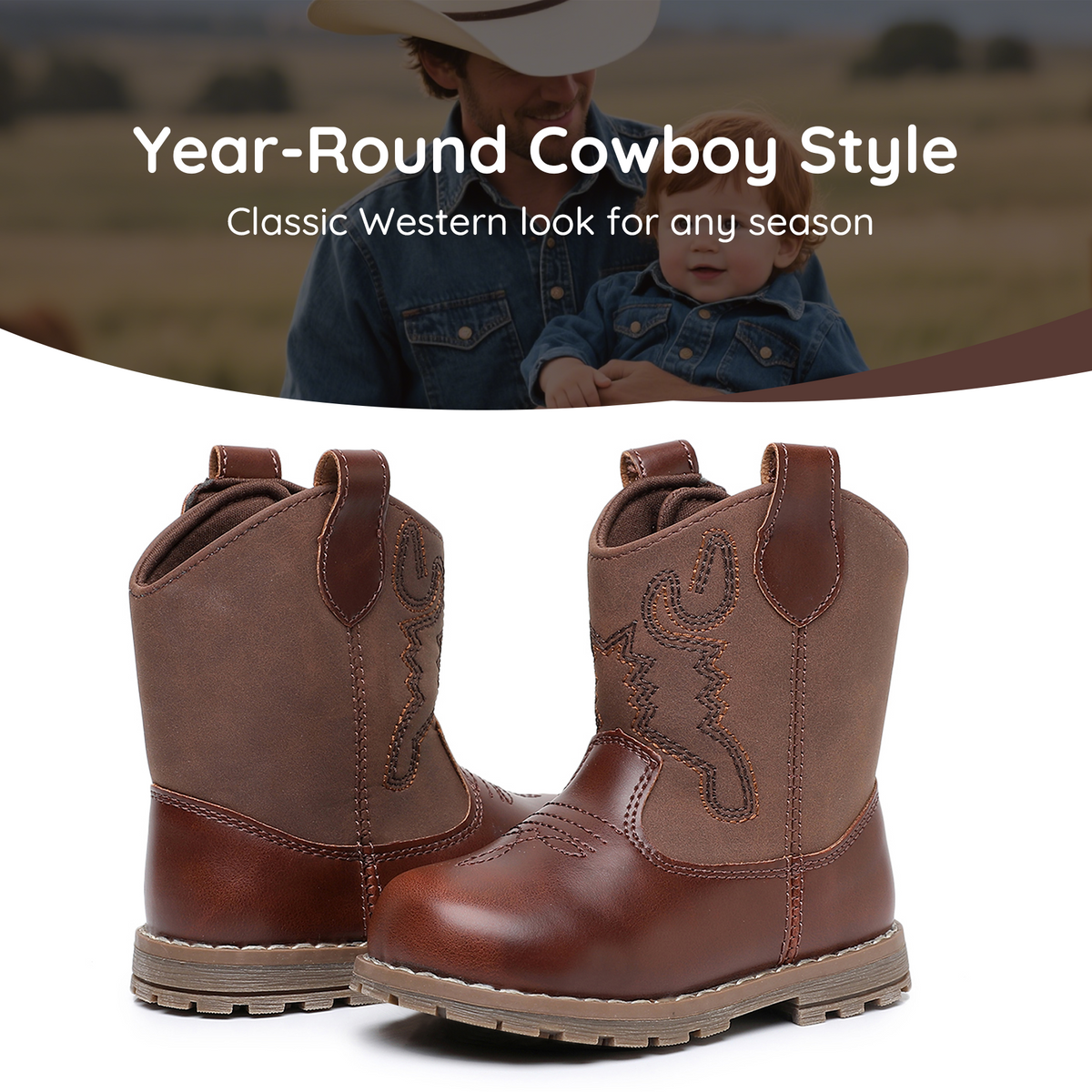 Apakowa Baby & Toddler Cowboy Boots for Boys Girls Infant Baby Cowboy Cowgirl Western Boots Round Toe All Seasons 6-36 Months (Infant/Toddler)-DY830-Brown